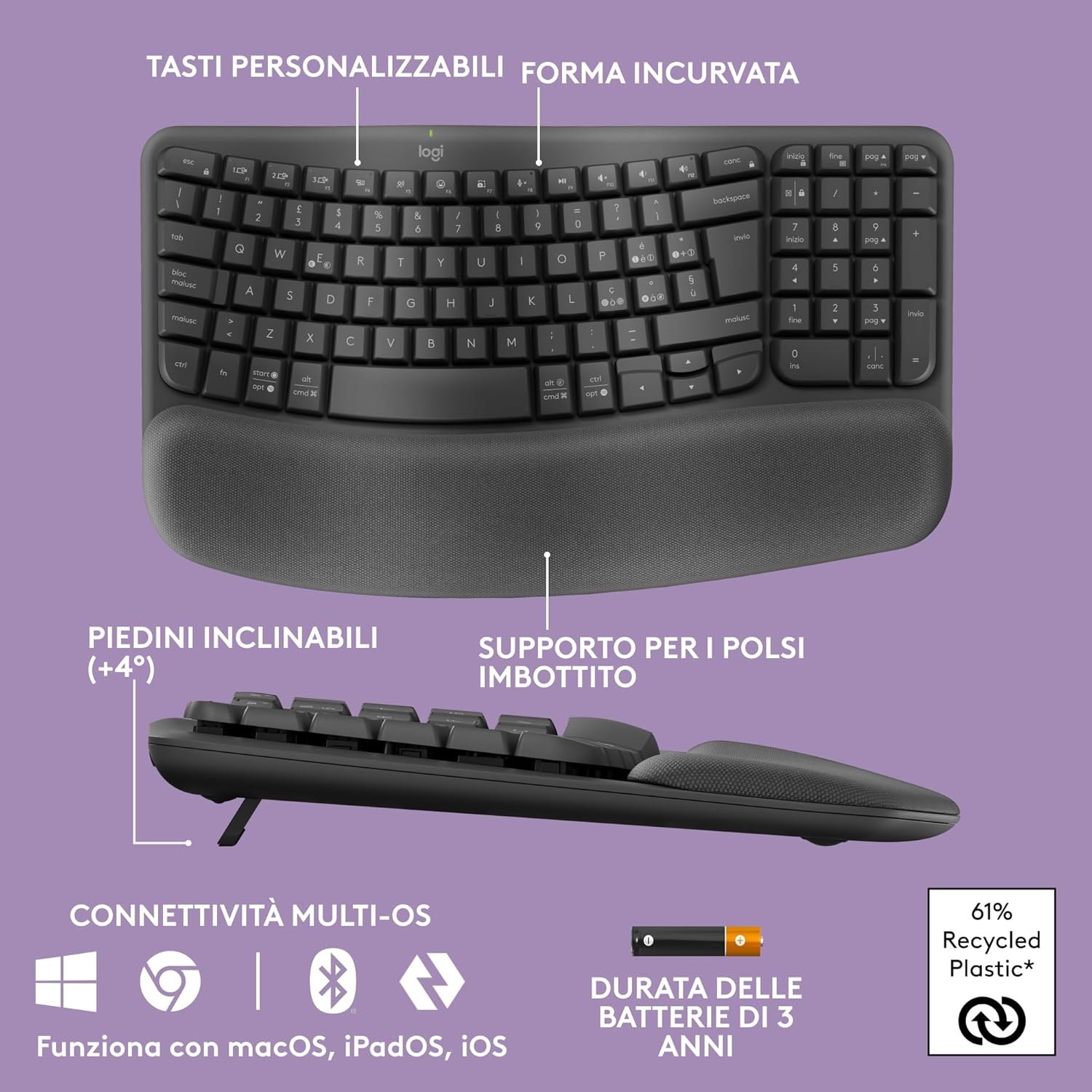 Logitech Wave Keys Tastiera Wireless Ergonomica - immagine 7