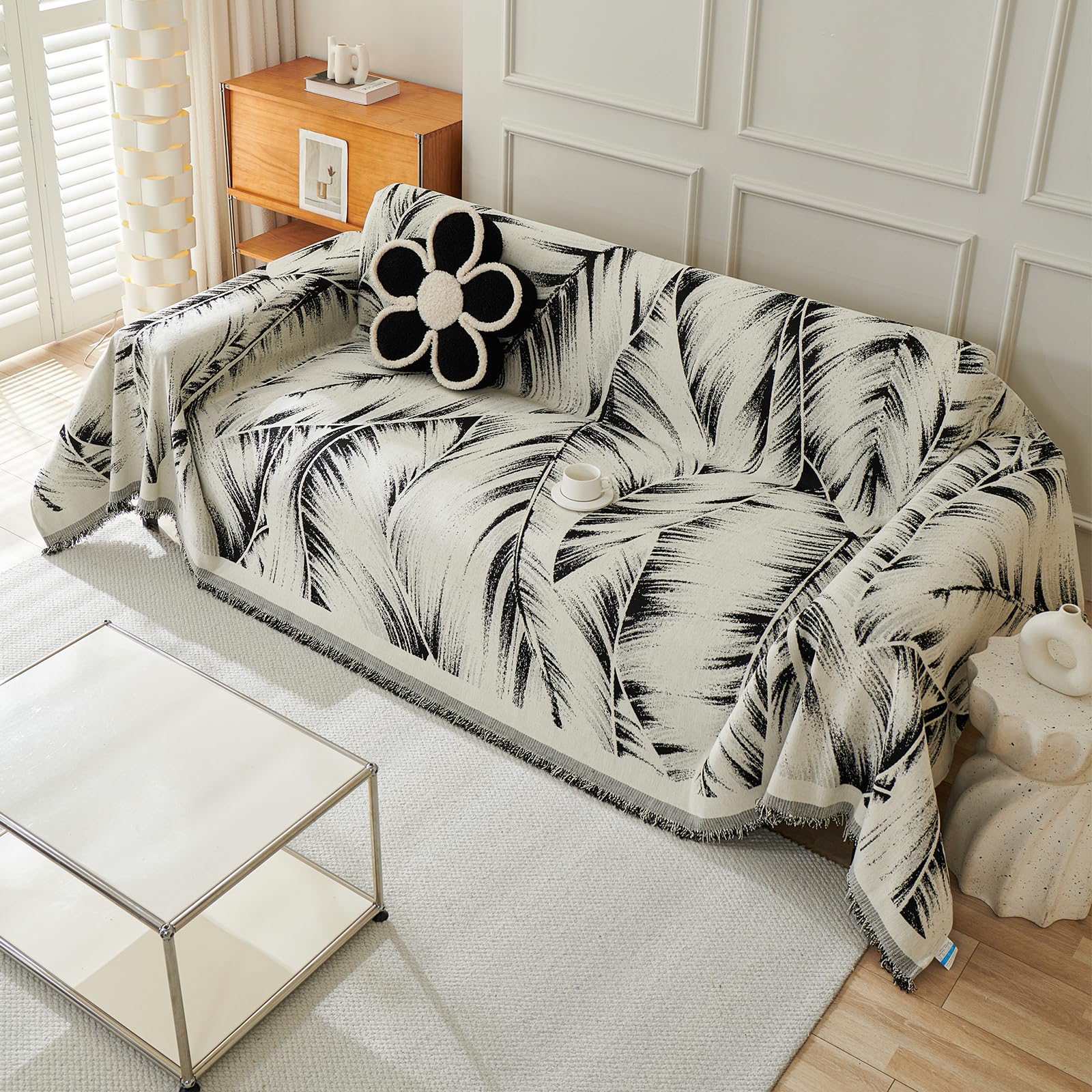 Copridivano 180x340 cm con Motivo Botanico, Nero