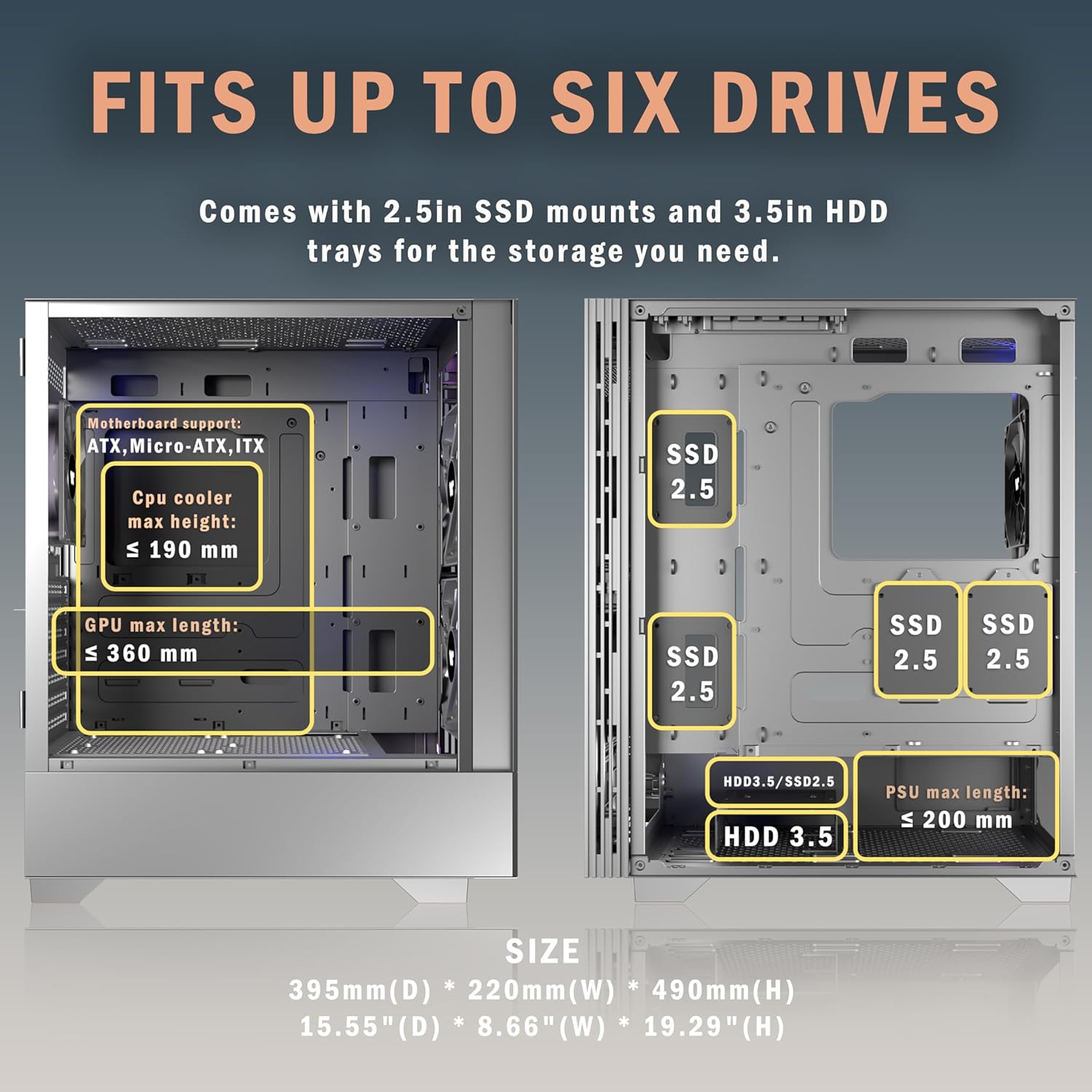 Kediers Custodia PC ATX Mid Tower con 3 Ventole, Nero - immagine 5