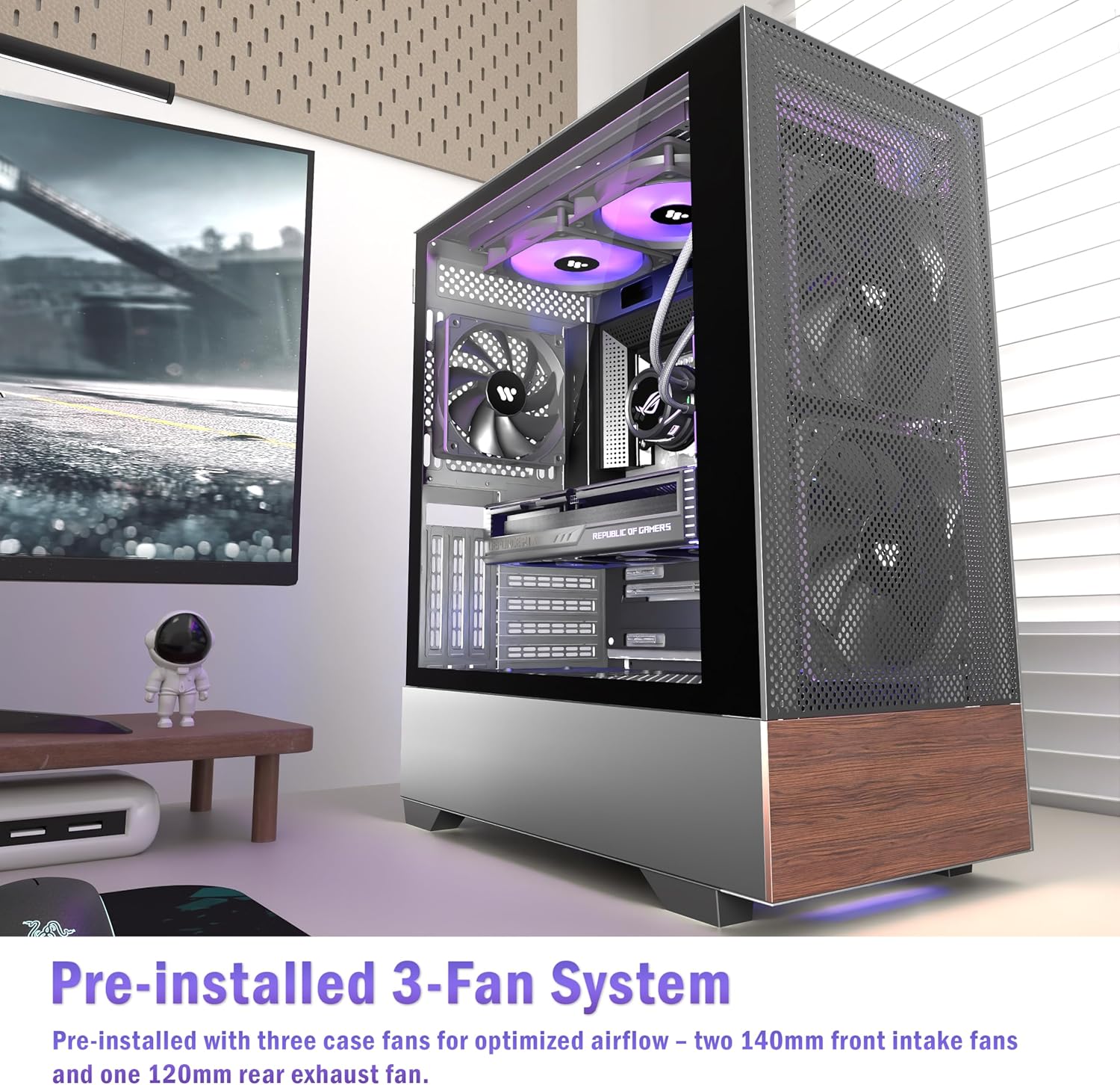 Kediers Custodia PC ATX Mid Tower con 3 Ventole, Nero - immagine 7