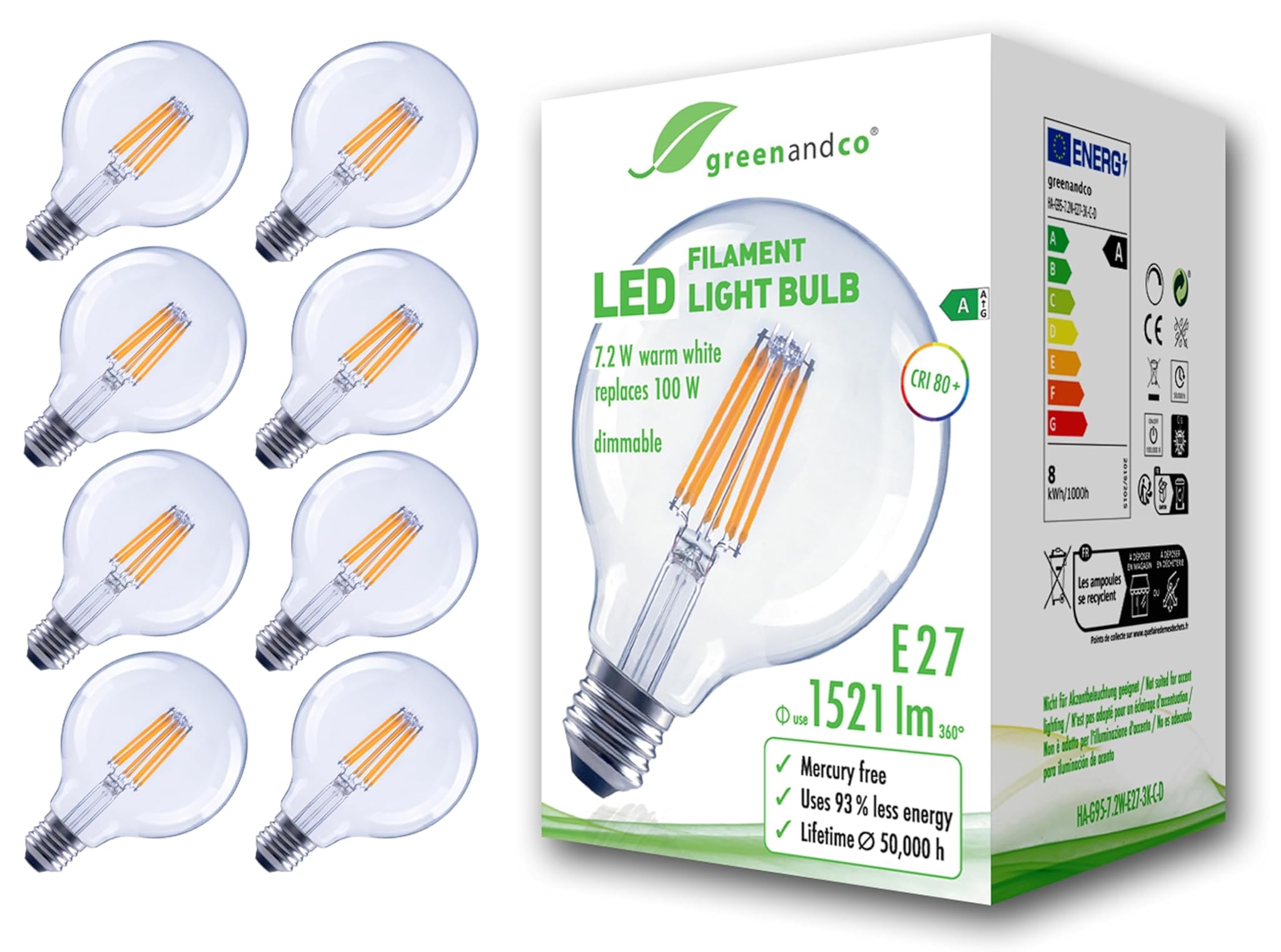 Greenandco 8 Lampadine LED Filamento E27 G95 7.2W
