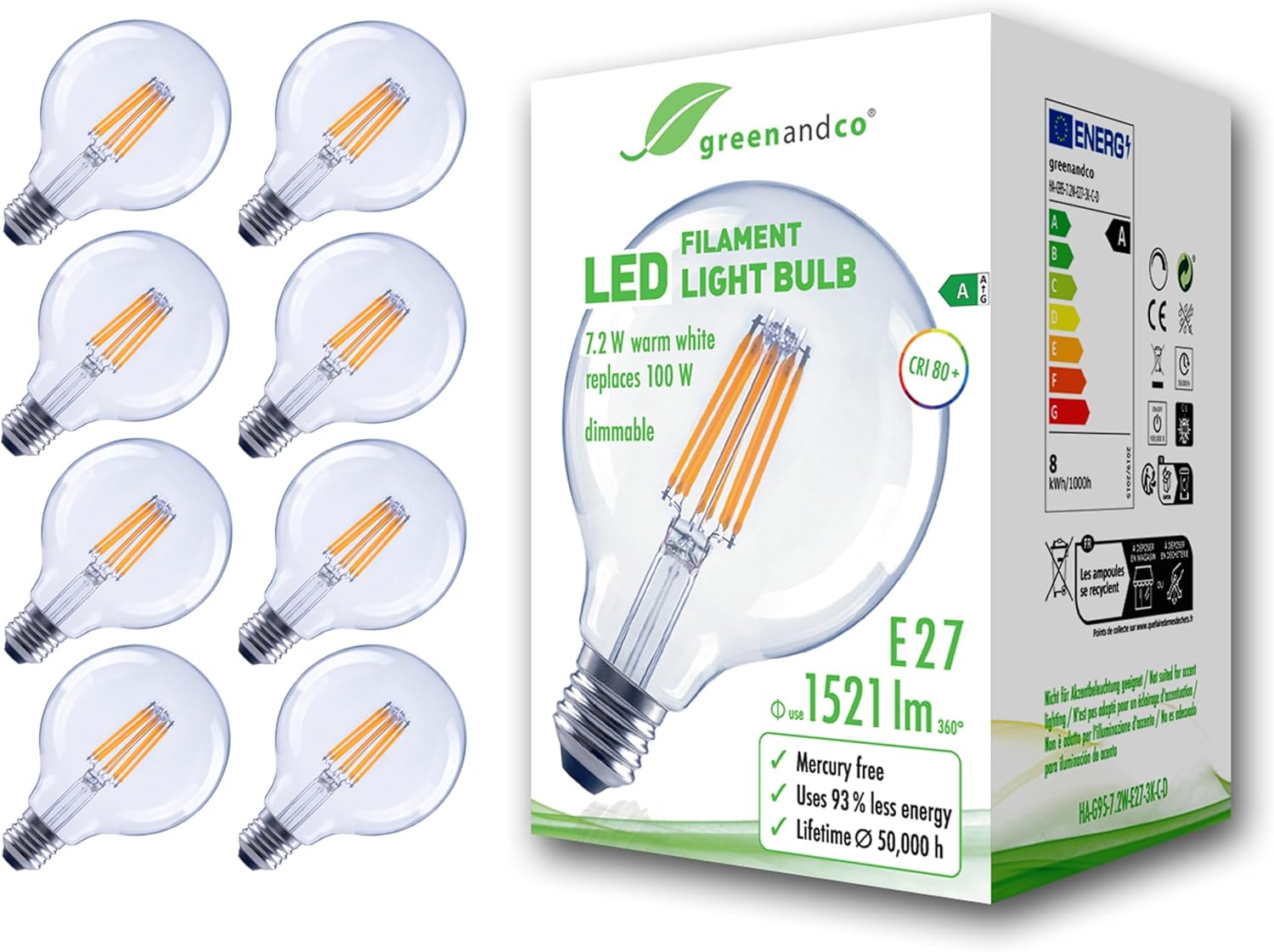 Greenandco 8 Lampadine LED Filamento E27 G95 7.2W - immagine 1