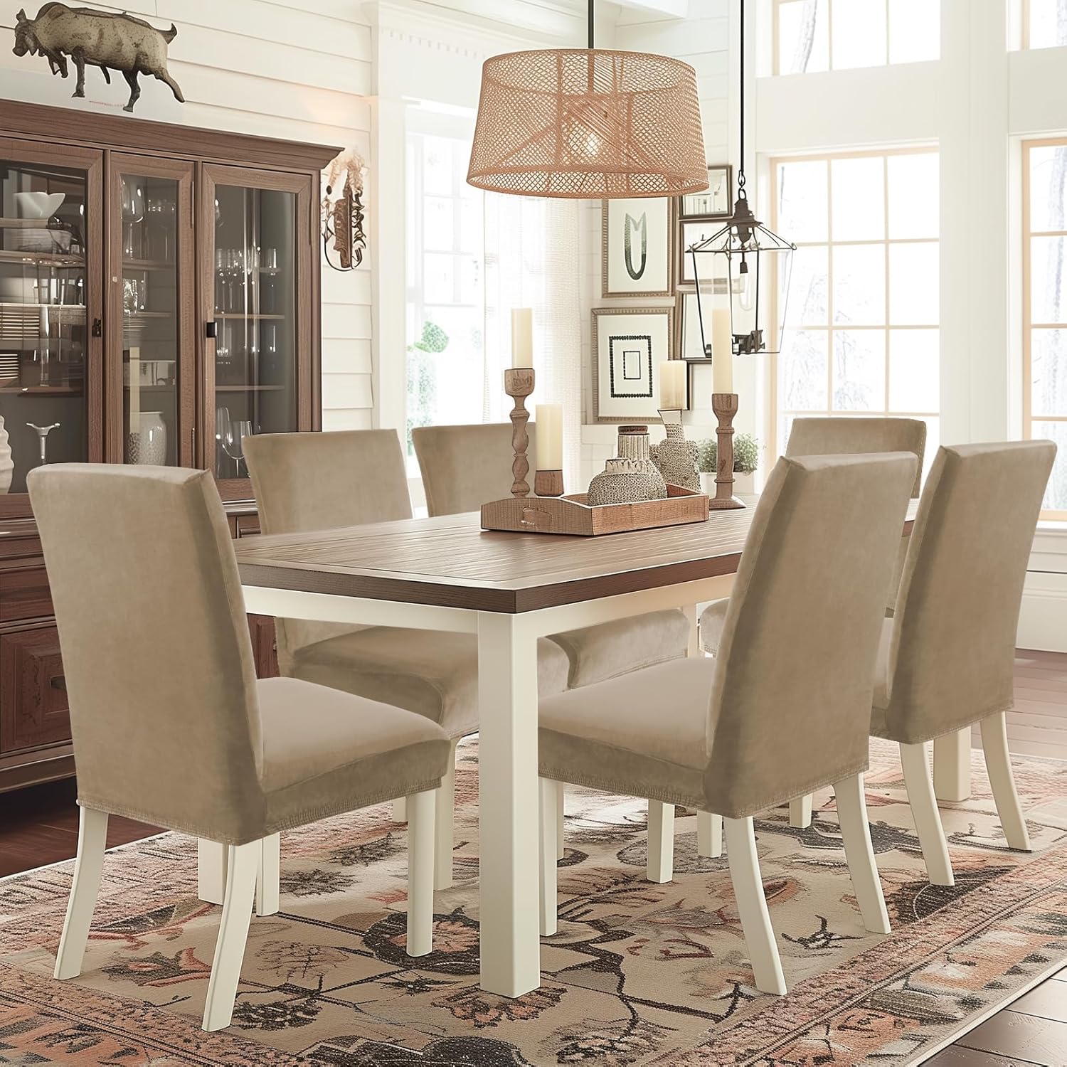 Velluto Coprisedie con Schienale 6 Pezzi, Cammello - immagine 2