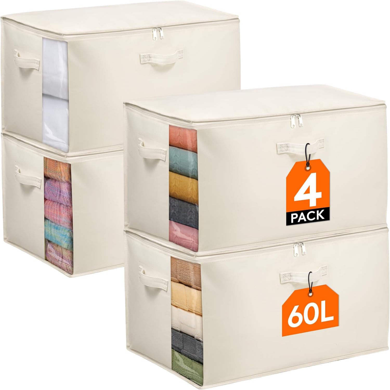 Lifewit Contenitori per Copriletti 60L, Beige (4 pezzi)