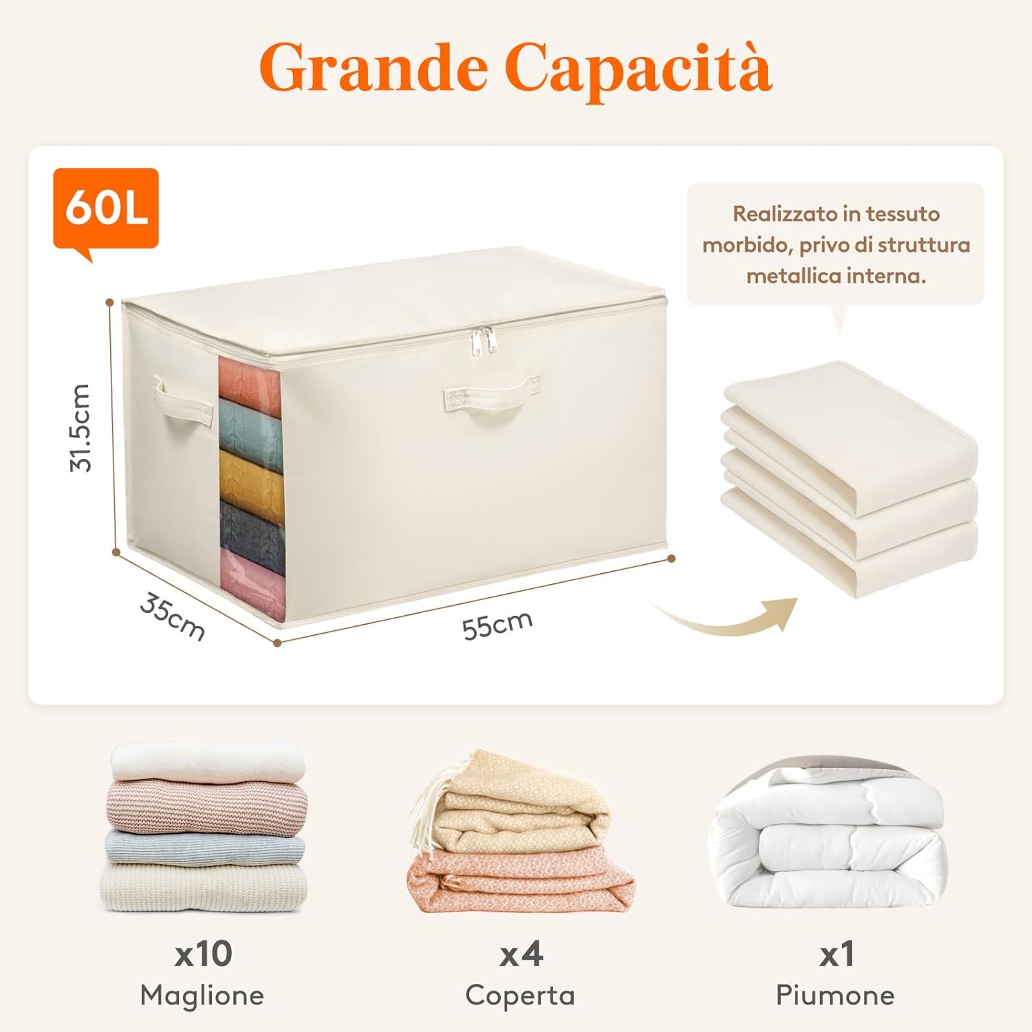 Lifewit Contenitori per Copriletti 60L, Beige (4 pezzi) - immagine 4