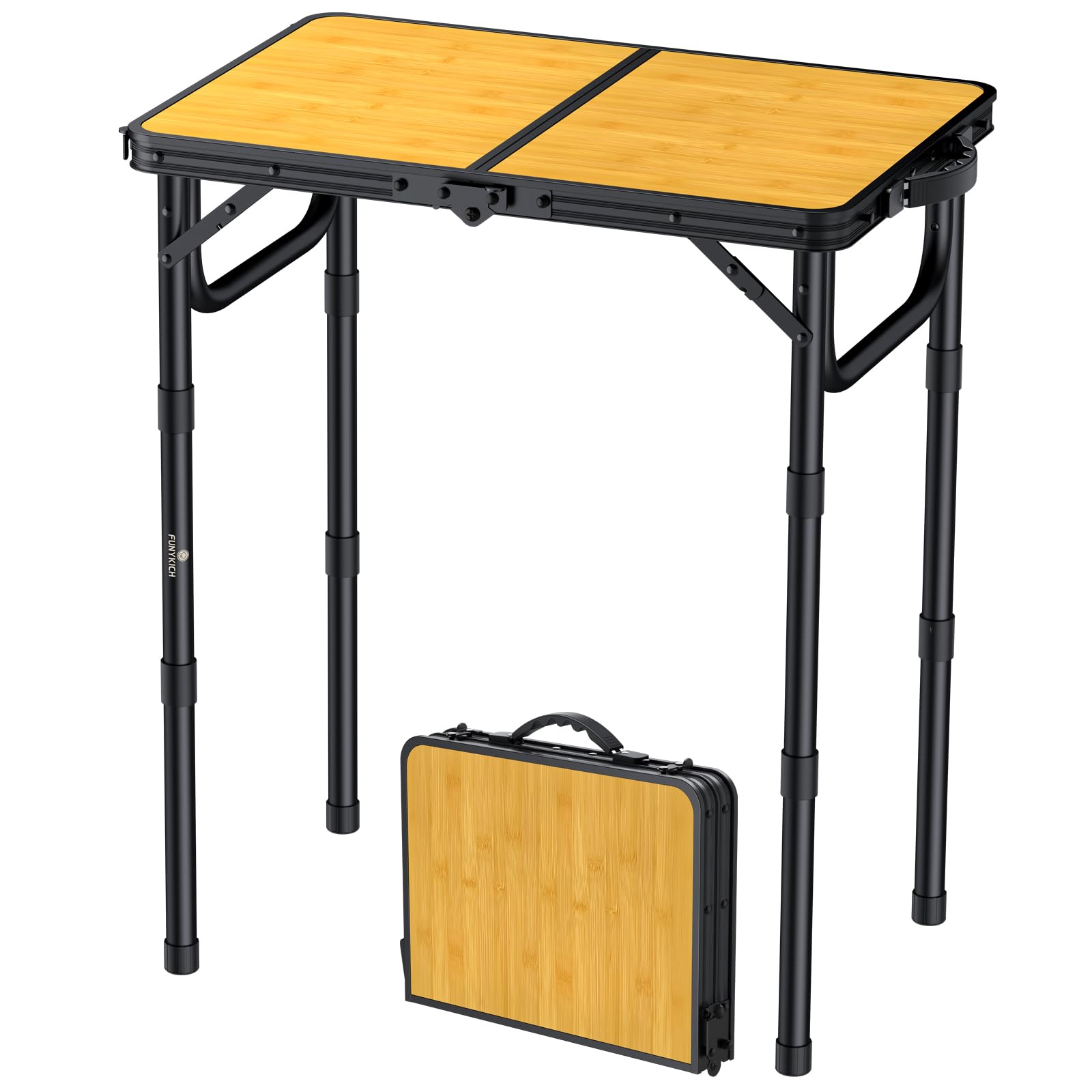 FUNYKICH Tavolo da Campeggio Pieghevole 58x40x26/48/70cm,Tavolo da Picnic in Alluminio con 3 Altezze Regolabili(26/48/70 cm),Piano in MDF,Nero,per Interni ed Esterni,Balcone/Soggiorno/Giardino