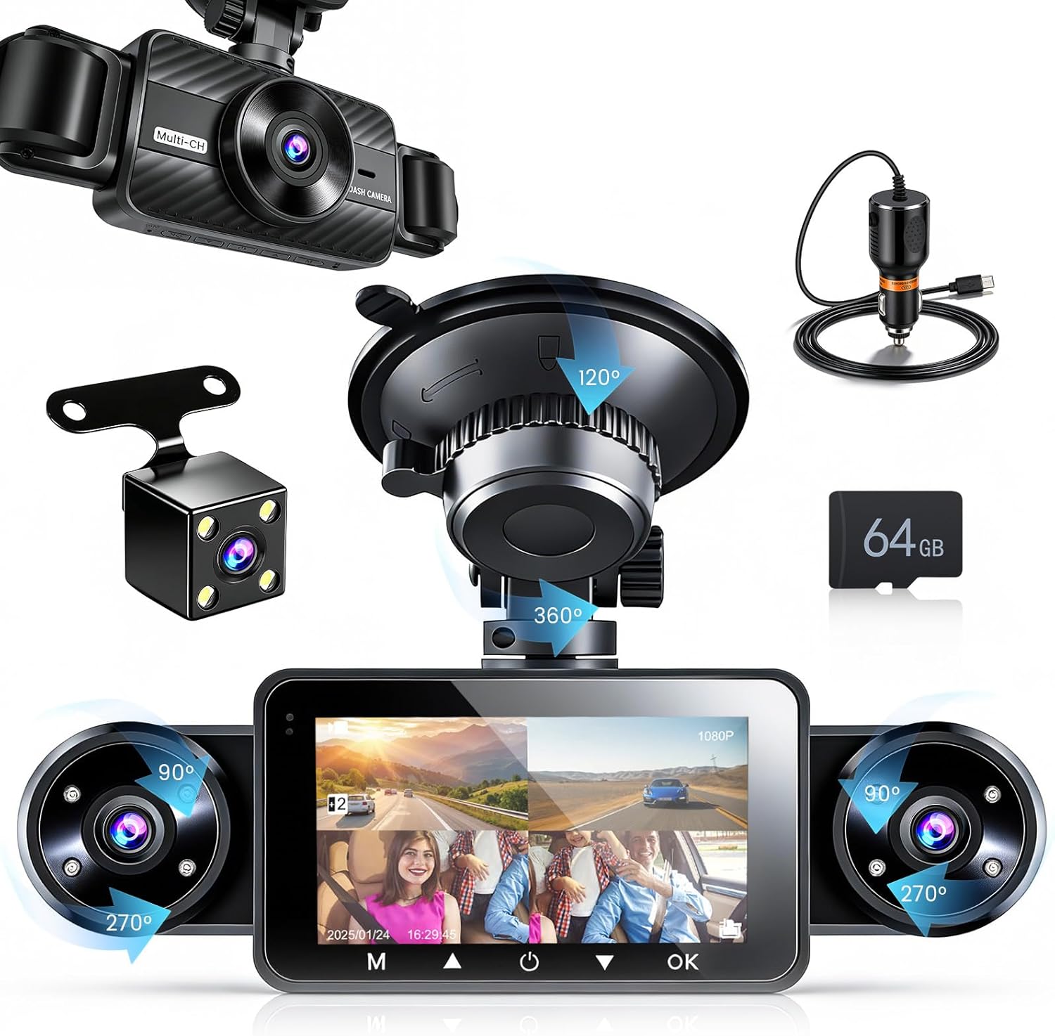 Hikity Dashcam Auto 360° 4 Canali con SD 64GB - immagine 1