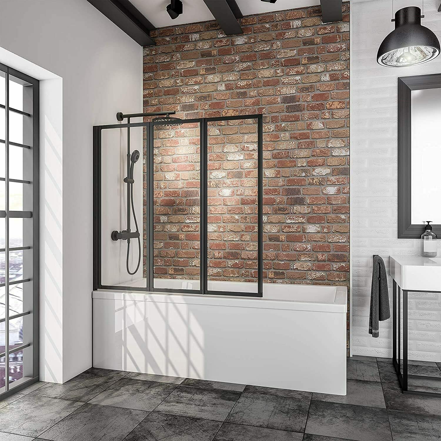 Schulte sopravasca da bagno l.127 x a.121 cm, nero, 3 ante (47+40+40) pieghevoli, vetro parete per vasca da bagno, girevole 180° contro la parete, vetro di sicurezza 3 mm trasparente, guarnizione