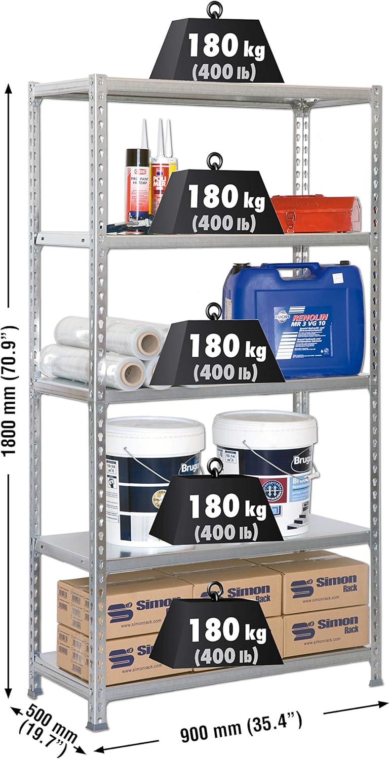 Simon Rack Scaffale Metallo Zincato 180x90x50cm, 5 Ripiani - immagine 2