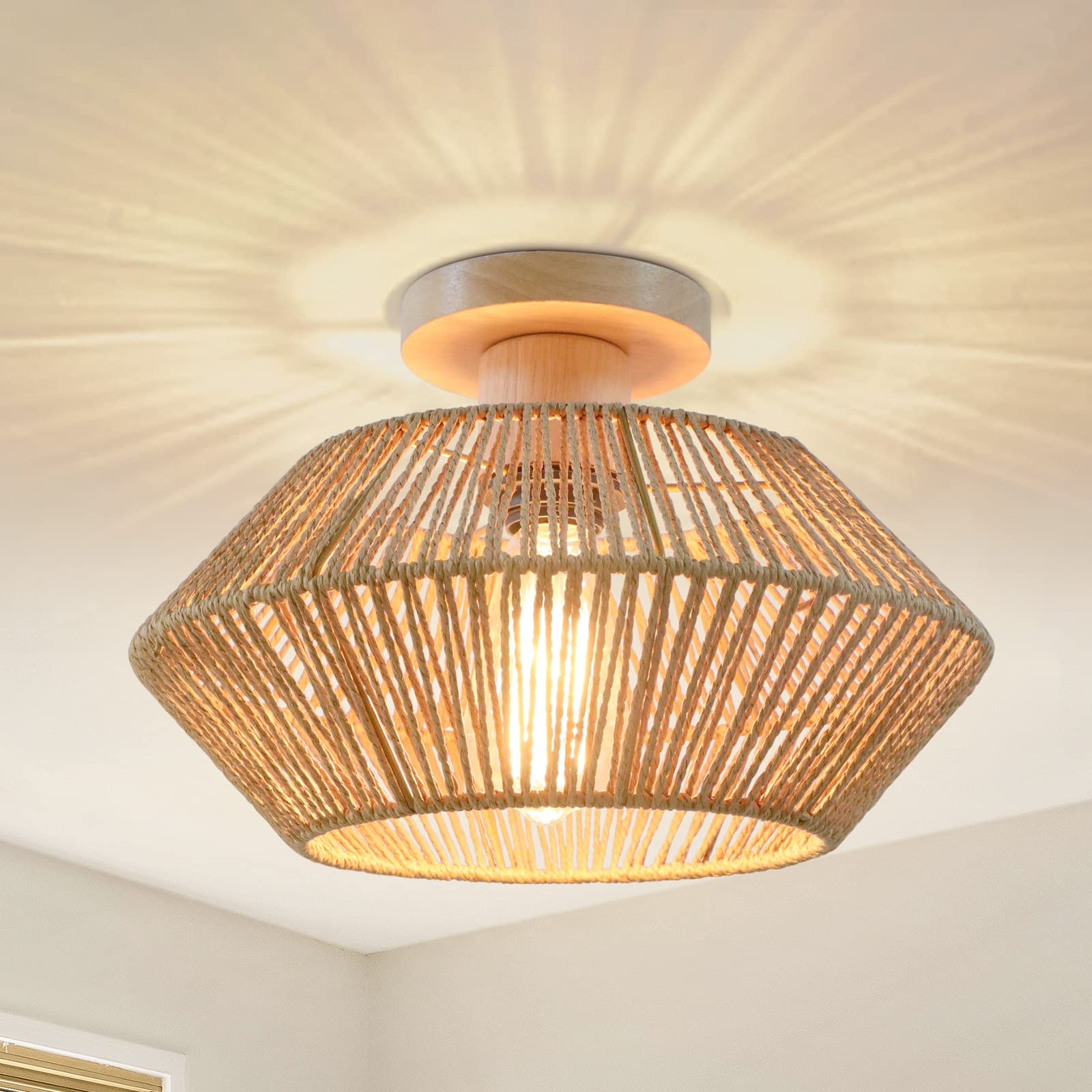 Plafoniera Soffitto Boho in Rattan Intrecciato a Mano