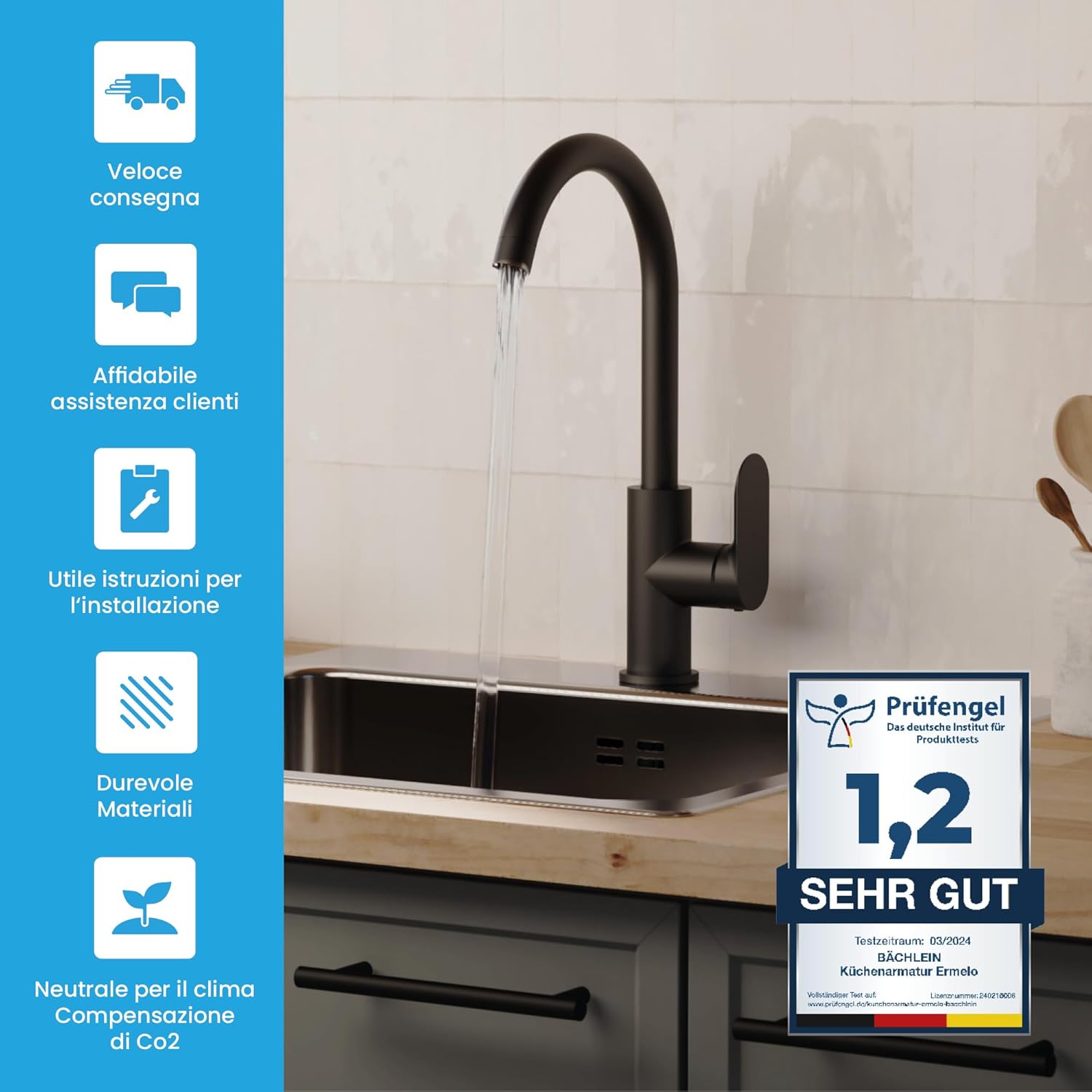 Bächlein Rubinetto Universale Cucina Girevole 360°, Nero Opaco - immagine 7