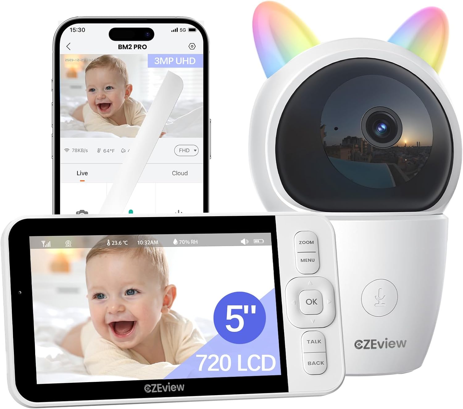 Czeview 2K/5.0" LCD Baby Monitor Video e Audio, Bianco/Nero