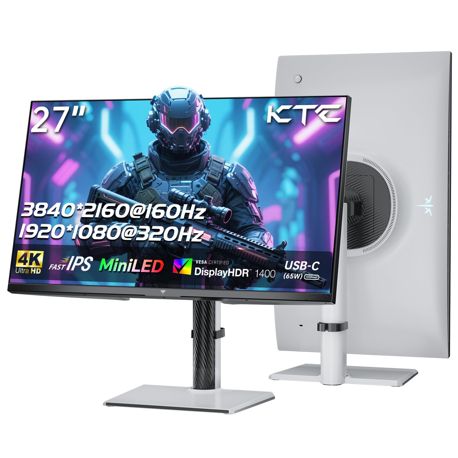KTC MiniLED Gaming Monitor 27 Pollici | 4K@160Hz, FHD@320Hz Commutazione senza interruzioni | 1152 Zona Dimmerazione locale | HDR1400 | 1ms GtG | Adaptive Sync | 145% sRGB | KVM | Bianco | M27P6