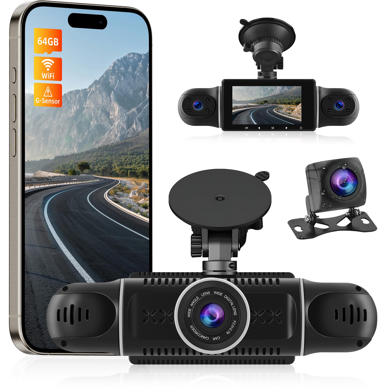 Nhopeew 4-Kanal Dash Cam 3 pollici con WiFi + 64GB Card