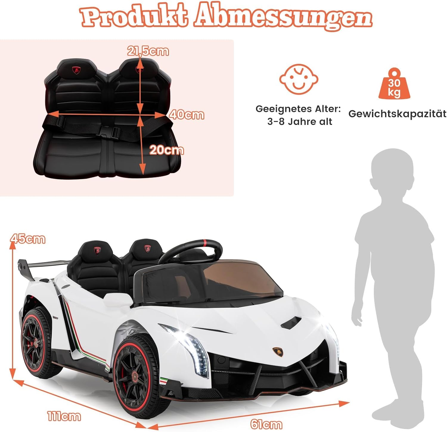 Fantask Lamborghini - Auto Elettrica 12V 2 Posti, Bianca - immagine 6