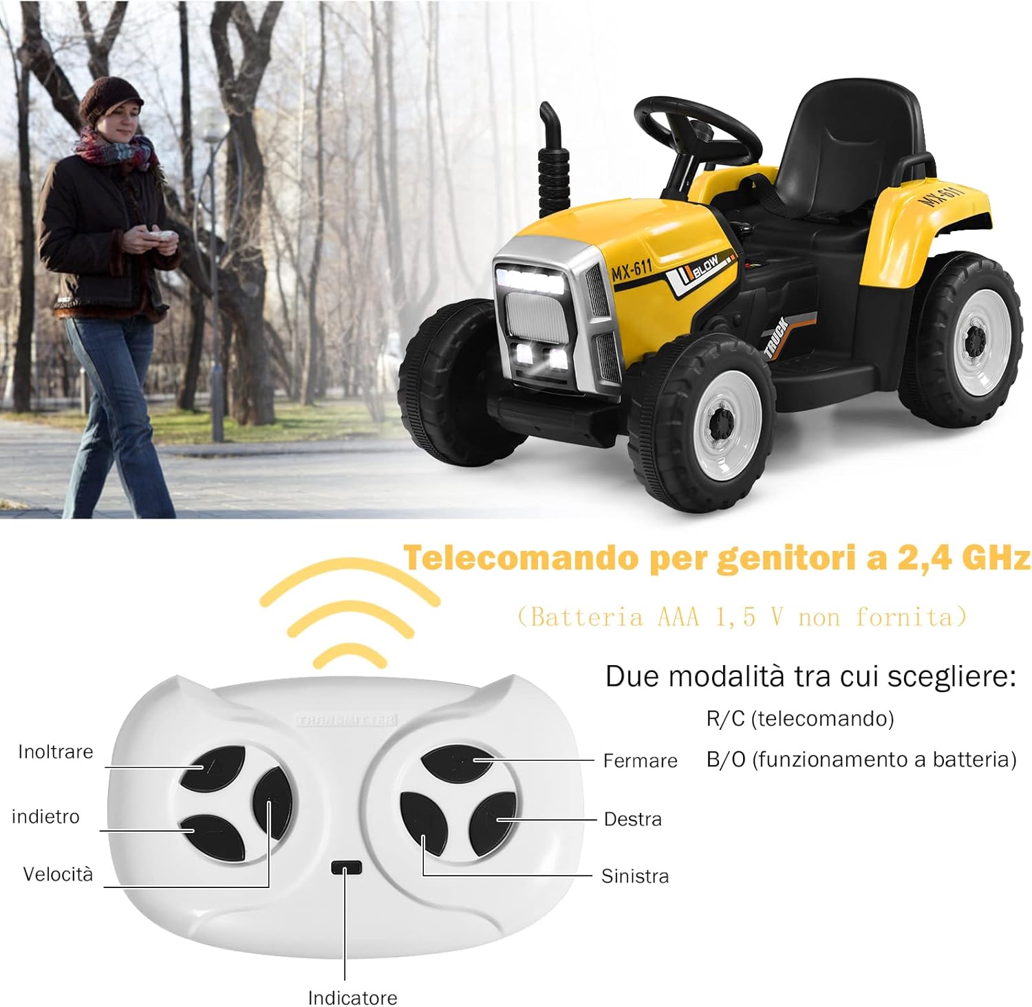 Costway Trattore Cavalcabile Elettrico 12V con Rimorchio, Giallo - immagine 3