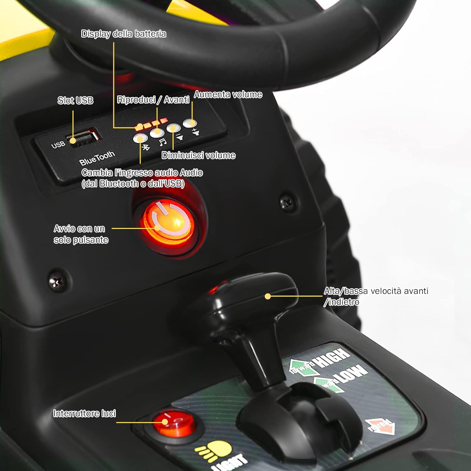 Costway Trattore Cavalcabile Elettrico 12V con Rimorchio, Giallo - immagine 4