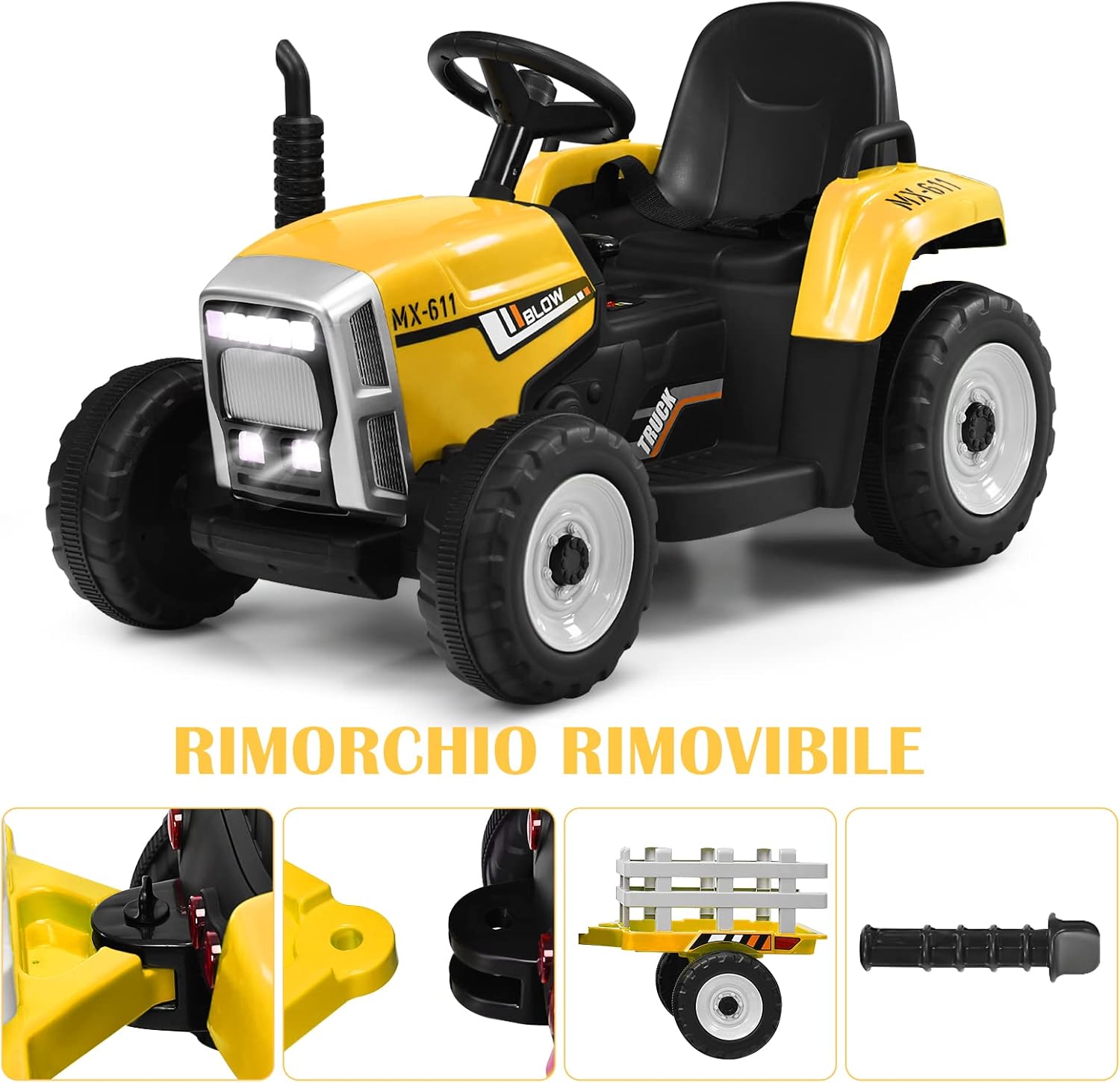 Costway Trattore Cavalcabile Elettrico 12V con Rimorchio, Giallo - immagine 6