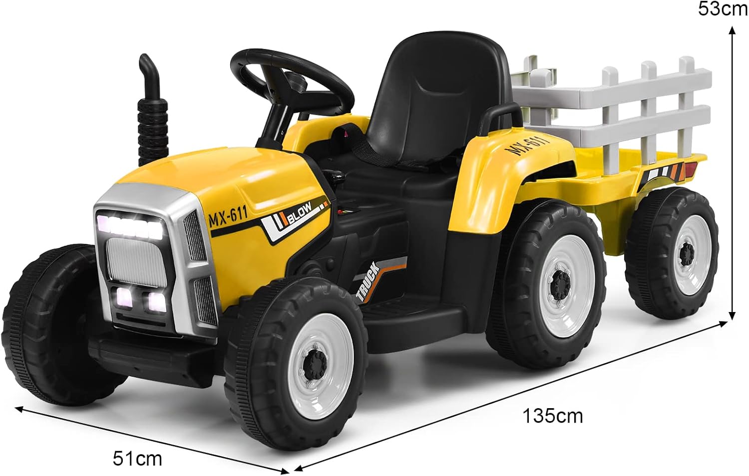Costway Trattore Cavalcabile Elettrico 12V con Rimorchio, Giallo - immagine 7