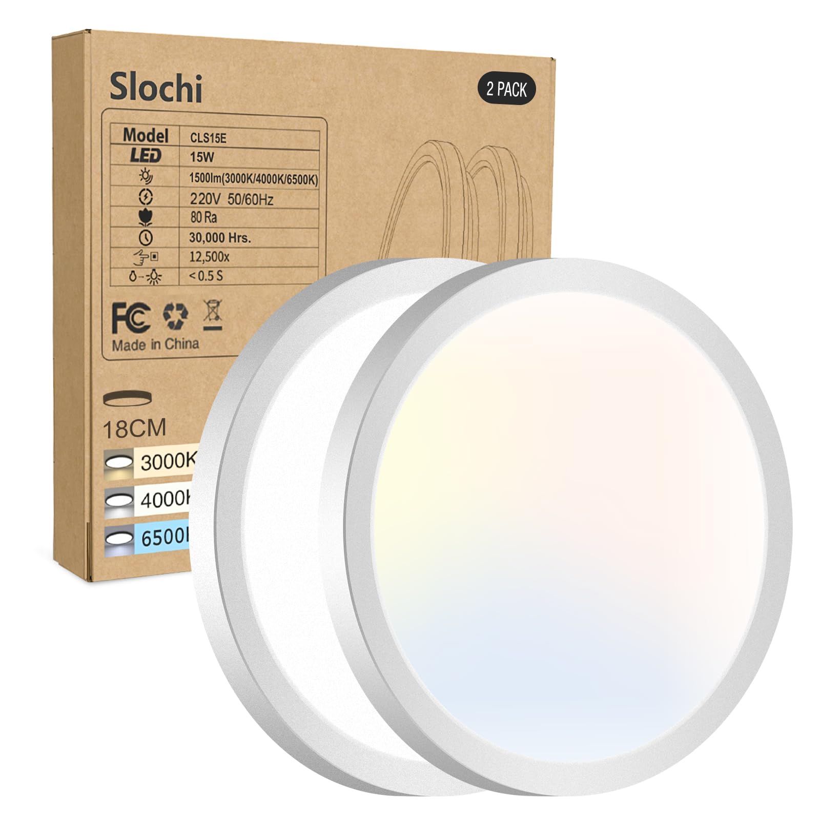 Slochi Plafoniera LED Soffitto 15W [2 Pezzi] Ø18CM