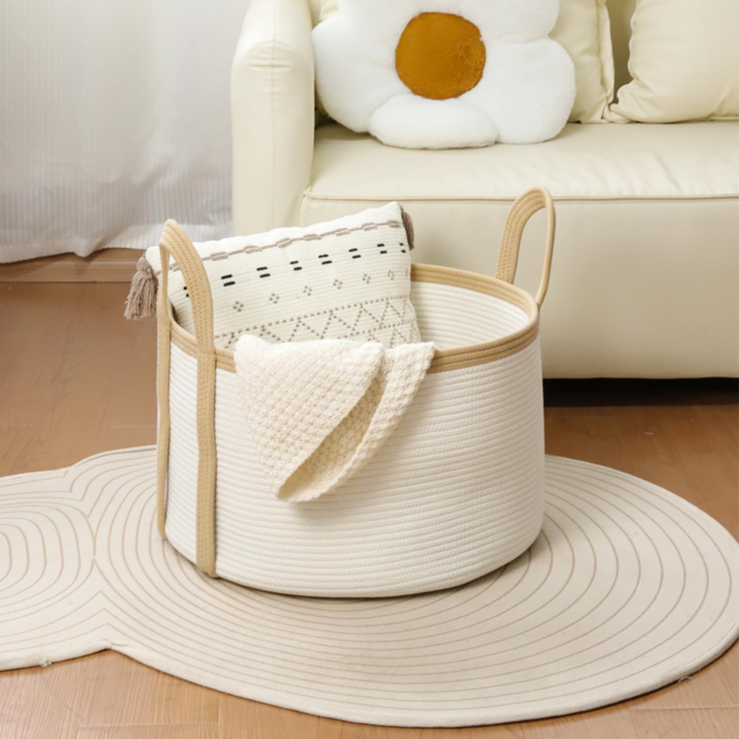 danpinera Cesto portaoggetti da 64L, cesto intrecciato con manici, 50 * 33cm cesto portabiancheria per la cameretta dei bambini, cesto portabiancheria grande per soggiorno, bianco e iuta