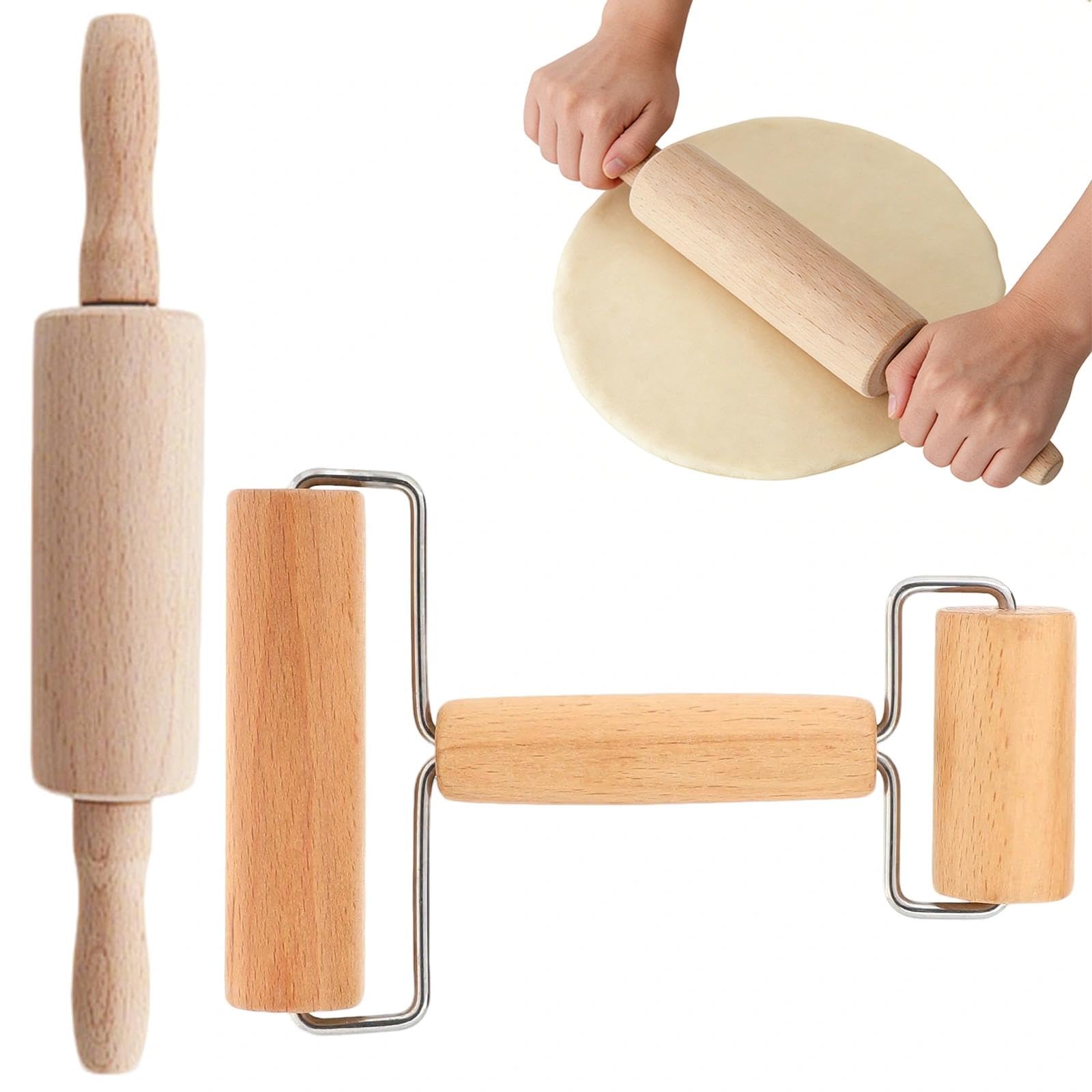 2 Pezzi Mattarello in Legno Rullo, Accessori Cucina Pasticceria Accessori, Legno di Faggio Doppia Testaper, Superficie Antiaderente Utensili da Cucina per Biscotti Pasta Pizze Torte