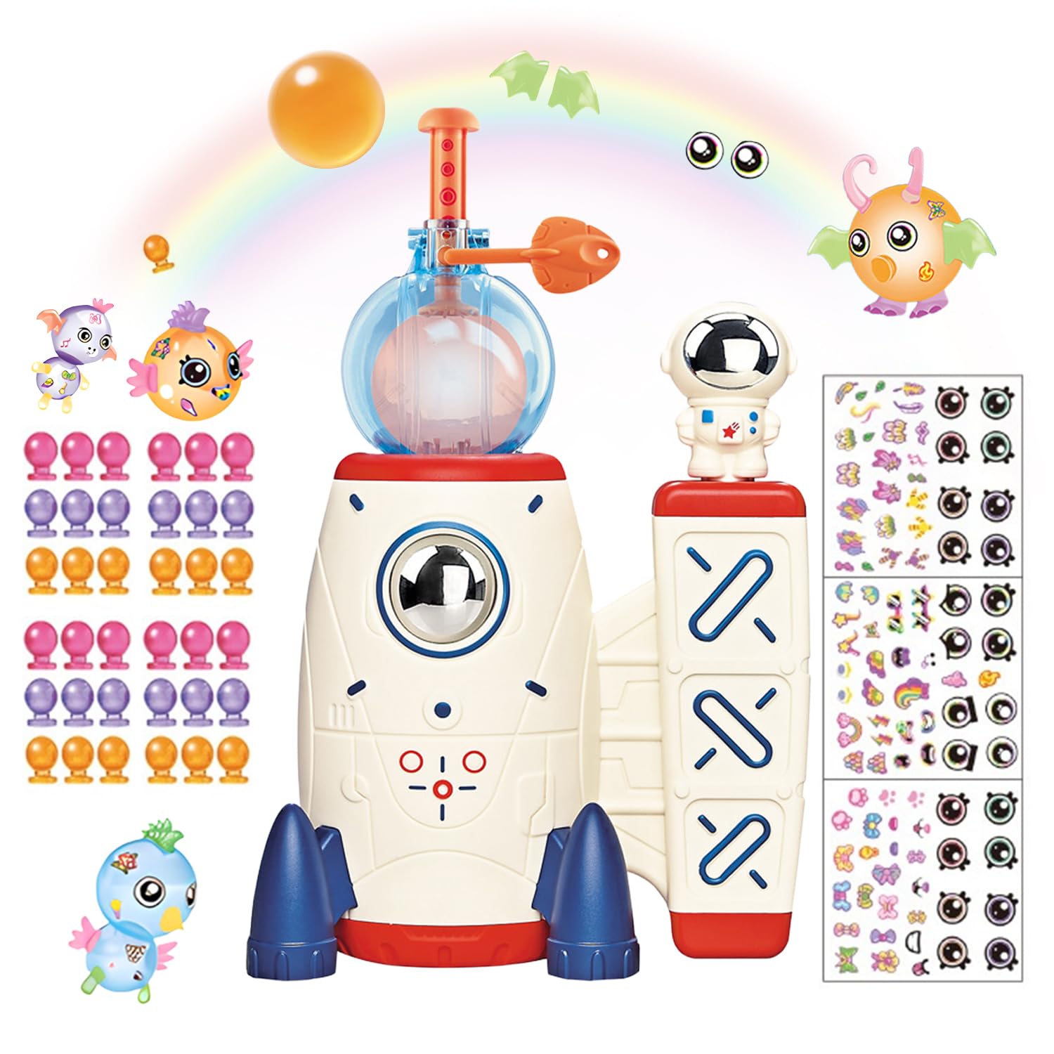 Kit fai da te con palloncini magici spaziali, 160 palloncini a razzo spaziale con lanciatore a pompa, accessori adesivi per amici mostri, palloncini gonfiabili decorati per attività creativa