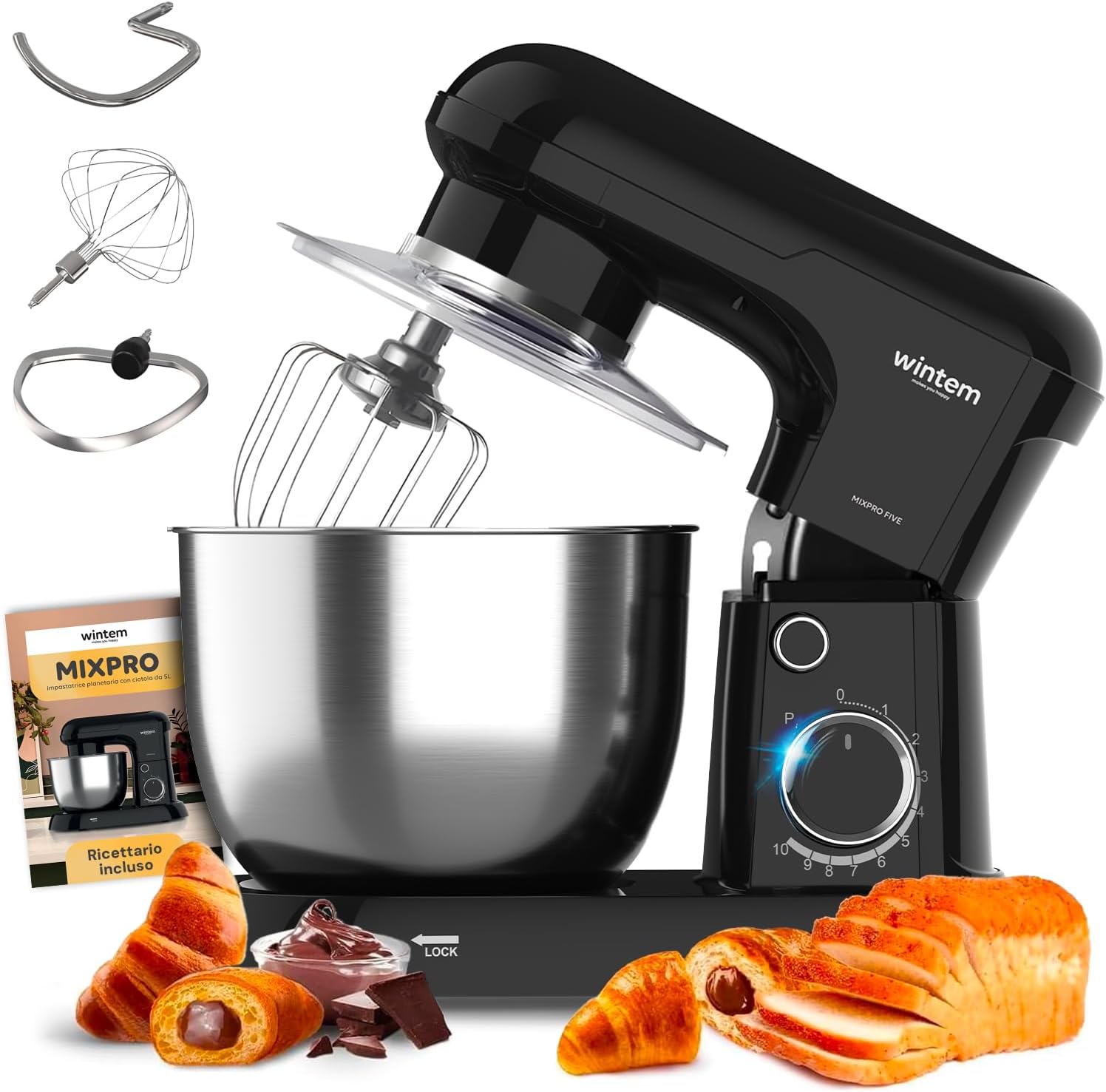 Impastatrice Planetaria 1500W con Ciotola Acciaio 5L, Nero