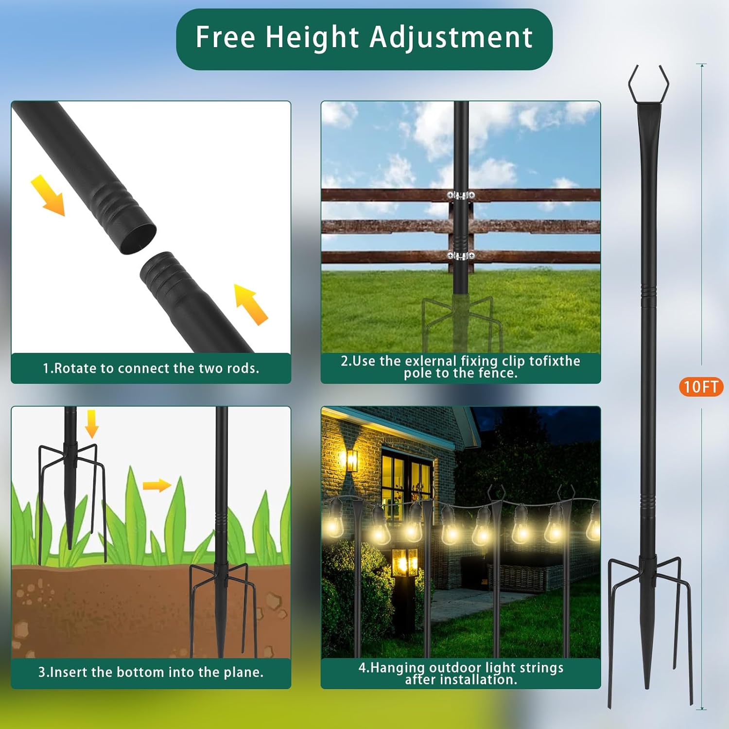 Ganci per Pastore da Giardino 300cm (4 pezzi), Nero - immagine 6