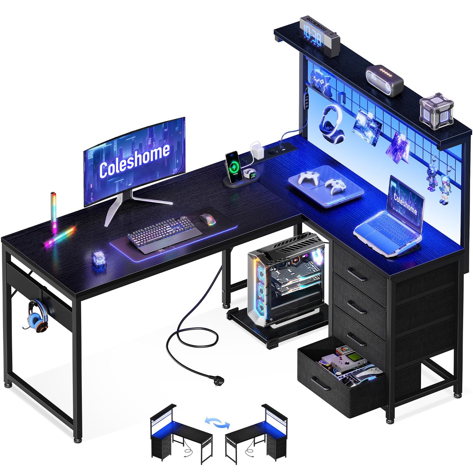 Coleshome Scrivania Gaming Angolare con LED, Nero