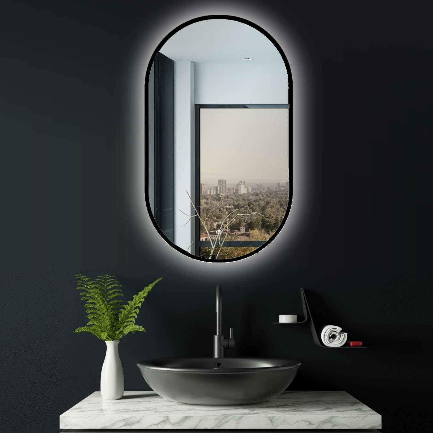 Specchio Bagno Ovale LED 45x75 cm, Cornice Nera Opaca