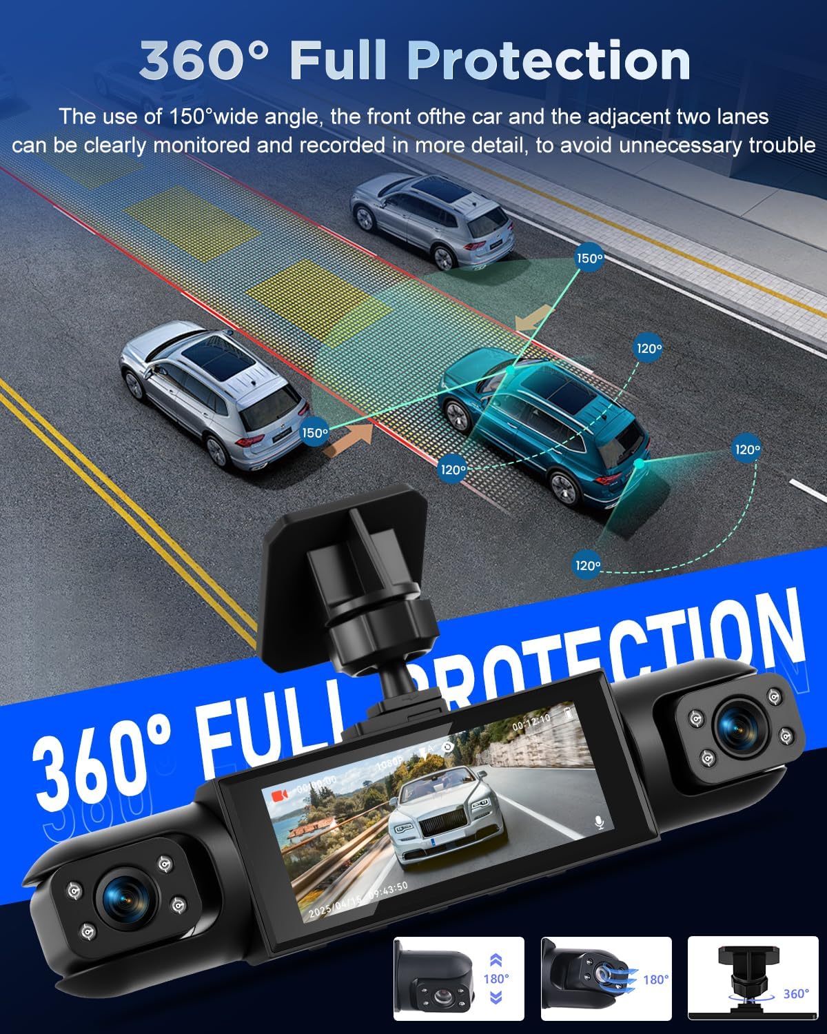 Nhopeew Dashcam 4 Canali Anteriore e Posteriore 3,16" - immagine 3