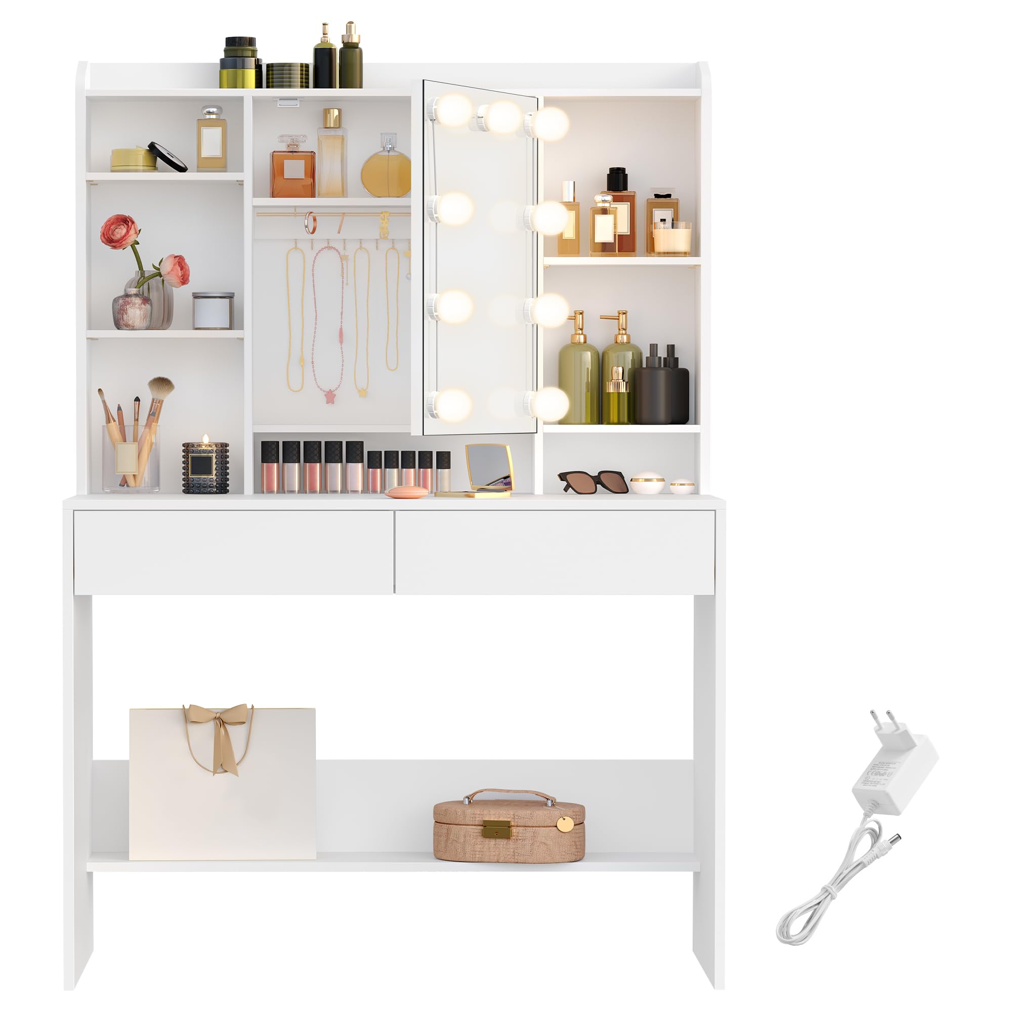 VASAGLE KAILYN Collezione - Toeletta Trucco con 9 Luci LED 3 Tonalità e Luminosità Regolabile, con Specchio, Ripiani Regolabili, 2 Cassetti, Tavolo da Trucco, Bianco Nuvola RDT126W01