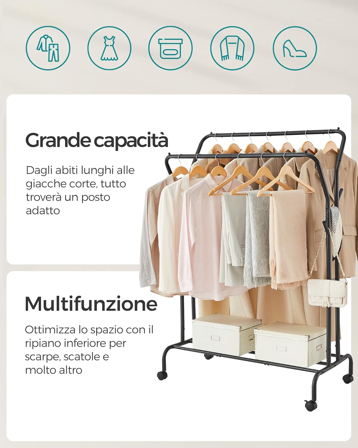 Songmics Stand Appendiabiti Doppio con Ruote, Nero - immagine 3