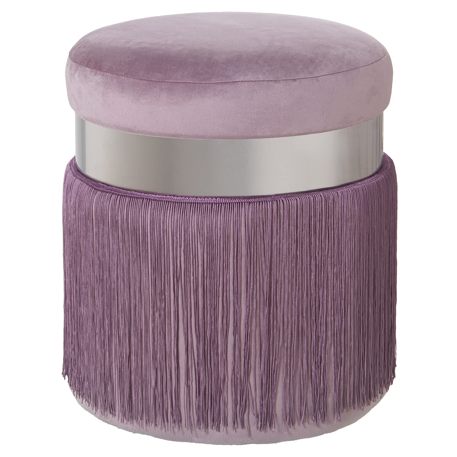 Drw - Pouf Rotondo Velluto con Frangia, Rosa e Argento