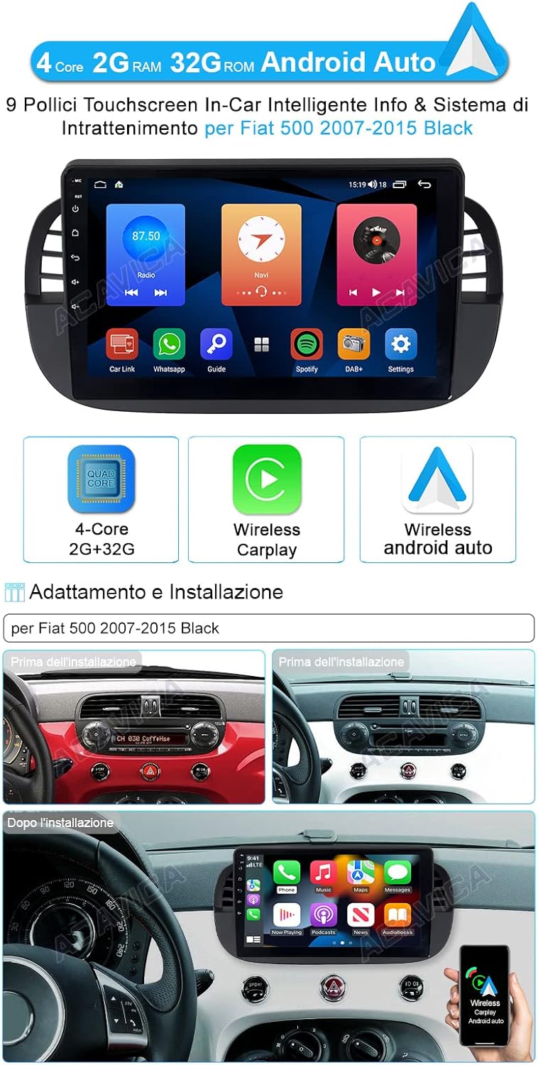 Acavica Autoradio Android 14 per Fiat 500 2007-2015, Nero - immagine 1
