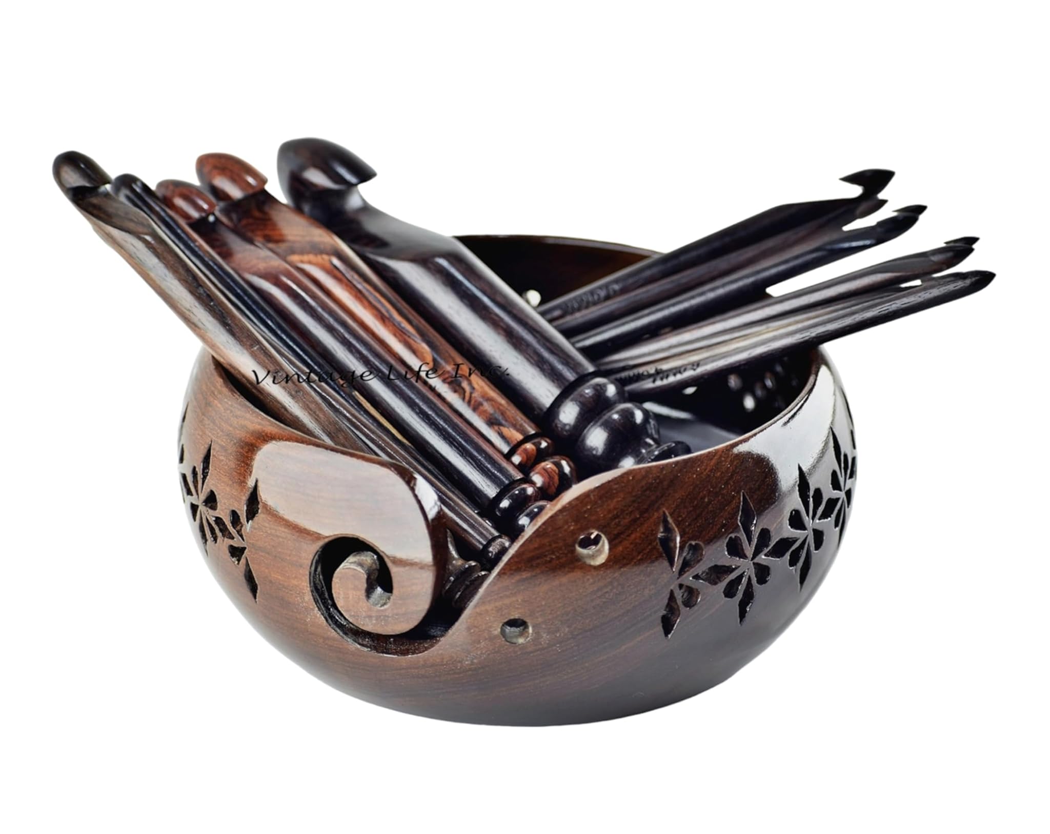 Set 15 Uncinetti in Legno con Ciotola Filato (3,5-25mm)