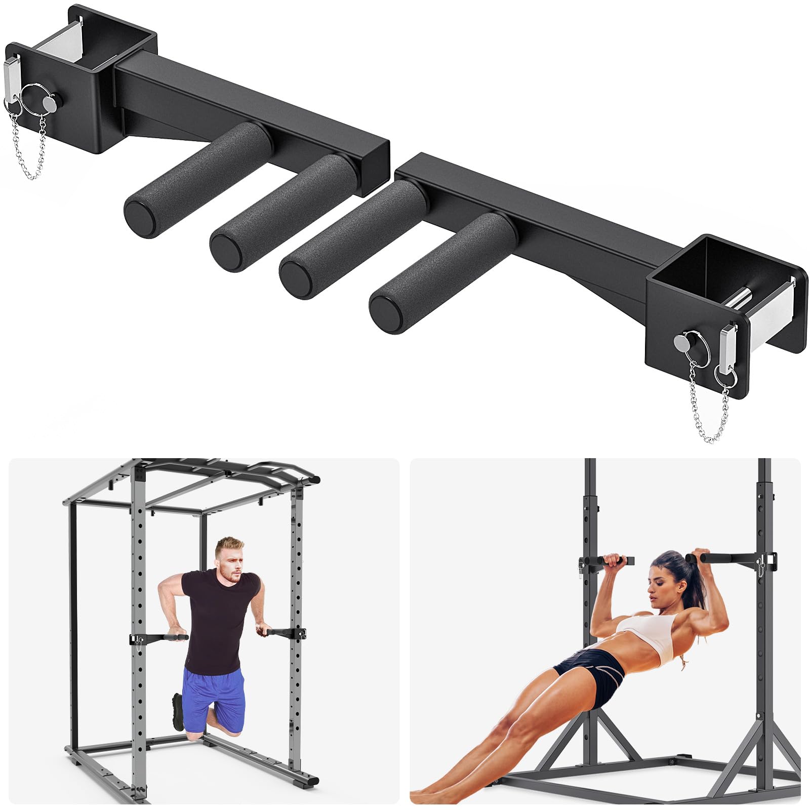 Attacco per barra per immersioni per power rack da 3 x 3 pollici, maniglie larghe e strette antiscivolo, capacità di carico di 500 libbre, attacco per squat rack per dip, file invertite, flessioni