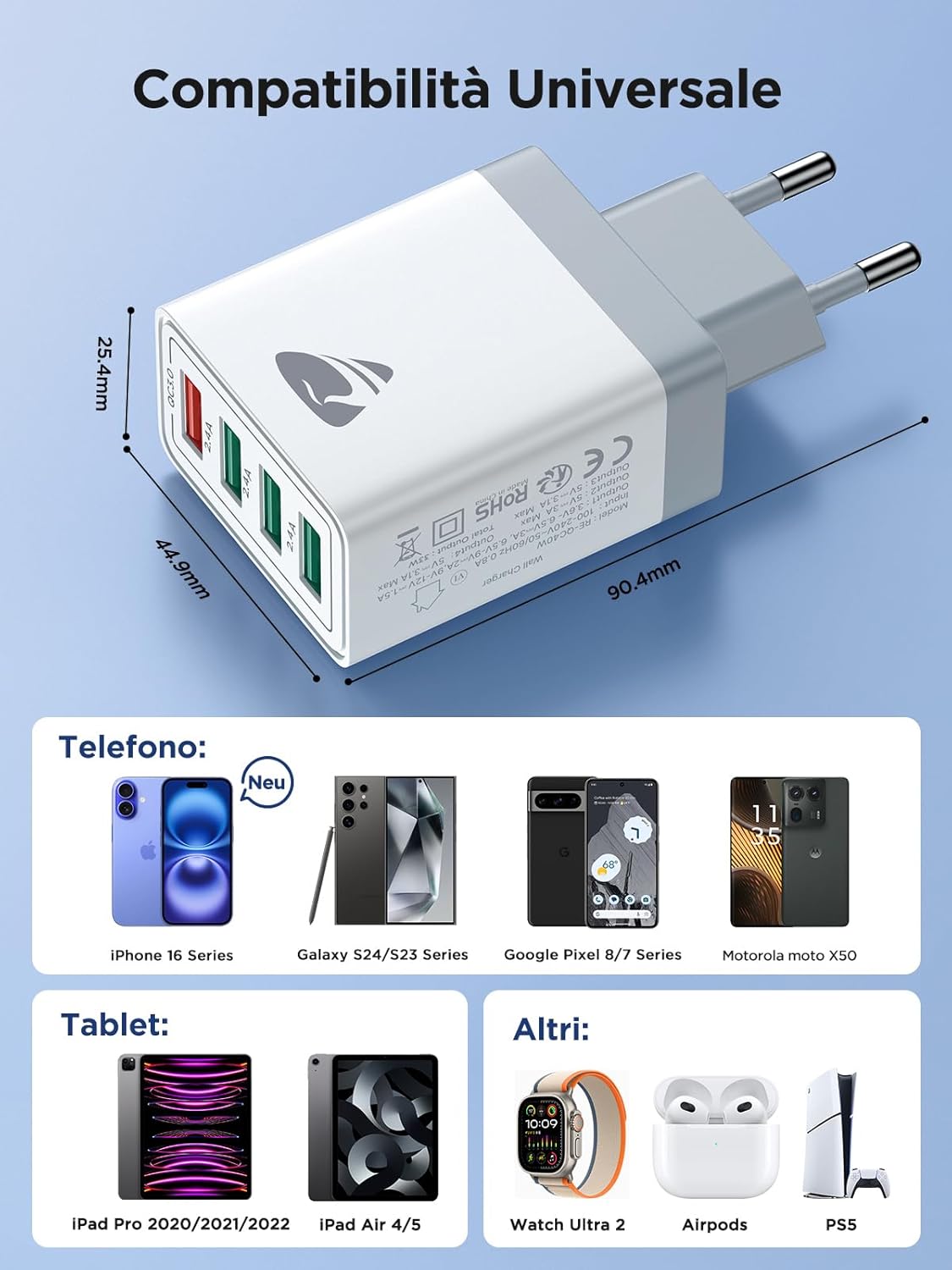 Caricatore USB da Muro 33W QC 3.0 4 Porte - immagine 6