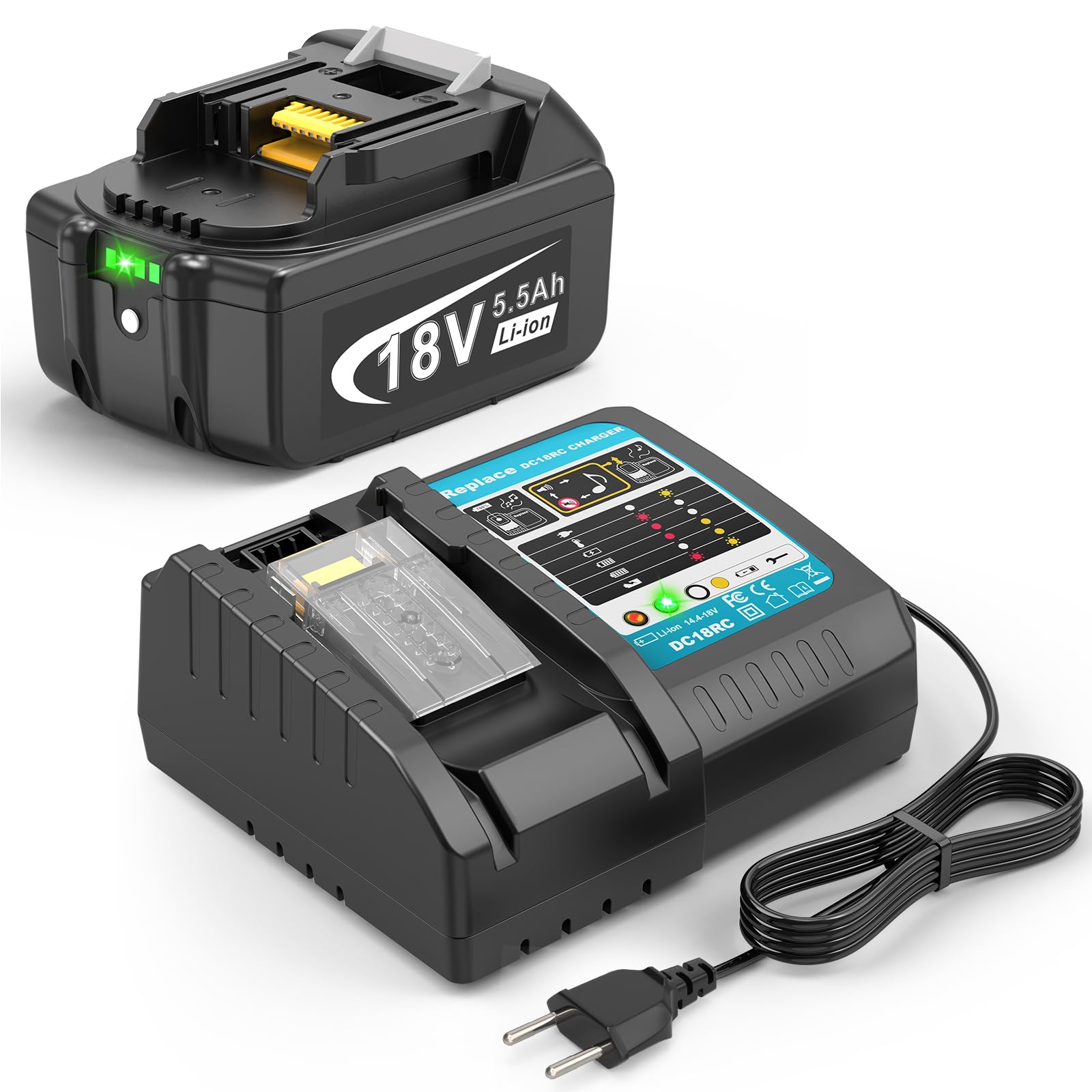 Asuncell Batteria 18V 5,5Ah e Caricatore DC18RC per Makita LXT