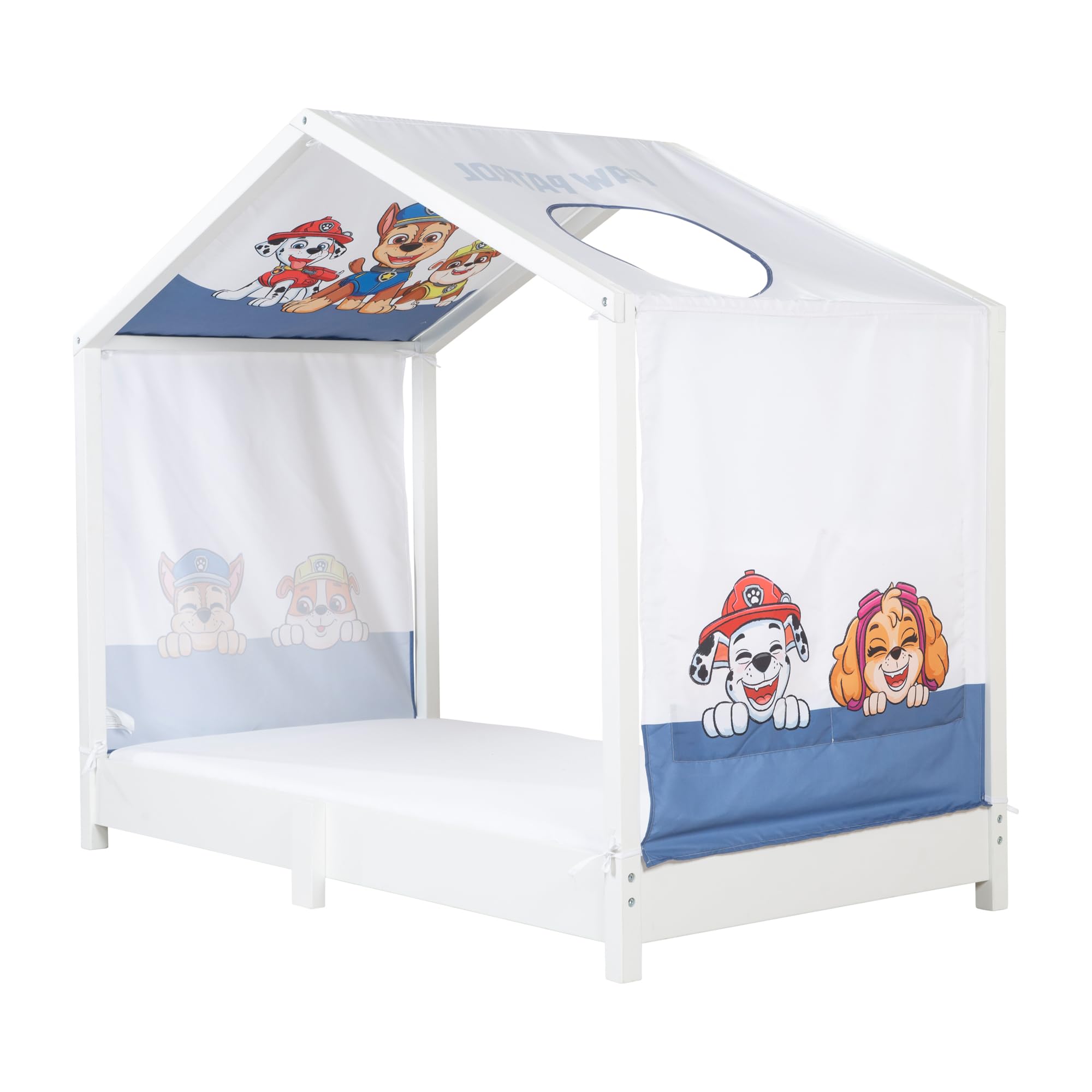 roba Copertura per Letti Montessori 70 x 140 cm con Design Paw Patrol - Accessorio Adatto per trasformare Il Letto in Un baldacchino - con 3 Tasche portaoggetti e Finestra sul Tetto