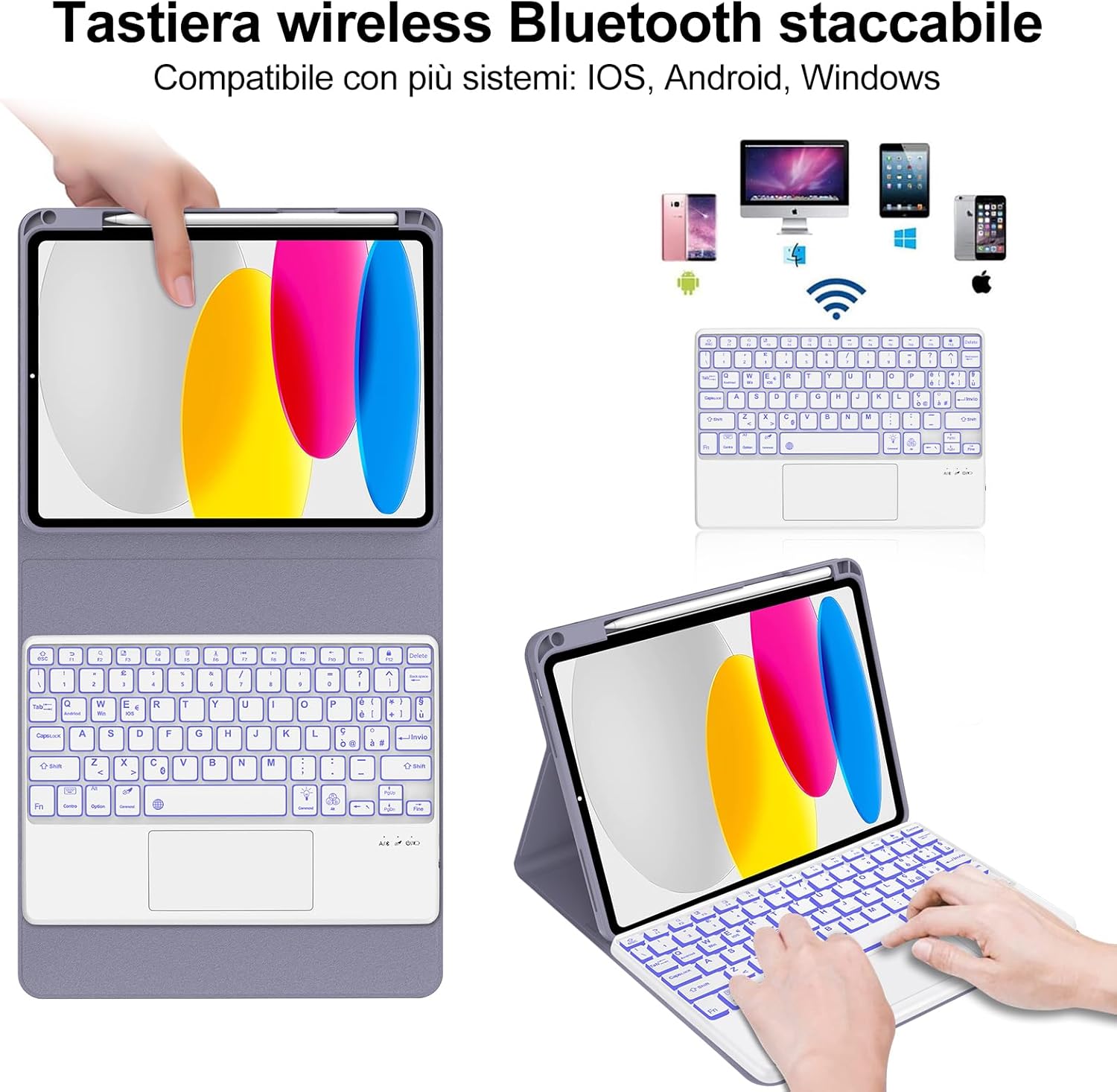 Tastiera iPad 10/11 Gen con Touchpad Retroilluminata, Viola - immagine 3