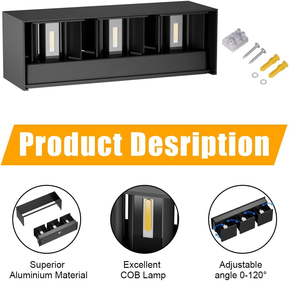Klighten lampade da parete 30W Esterno/Interno Moderno, lampada da esterno Bianco Caldo 3000K Applique da Parete, IP65 Impermeabile, Angolo del Fascio Regolabile Applique(Nero) - immagine 4