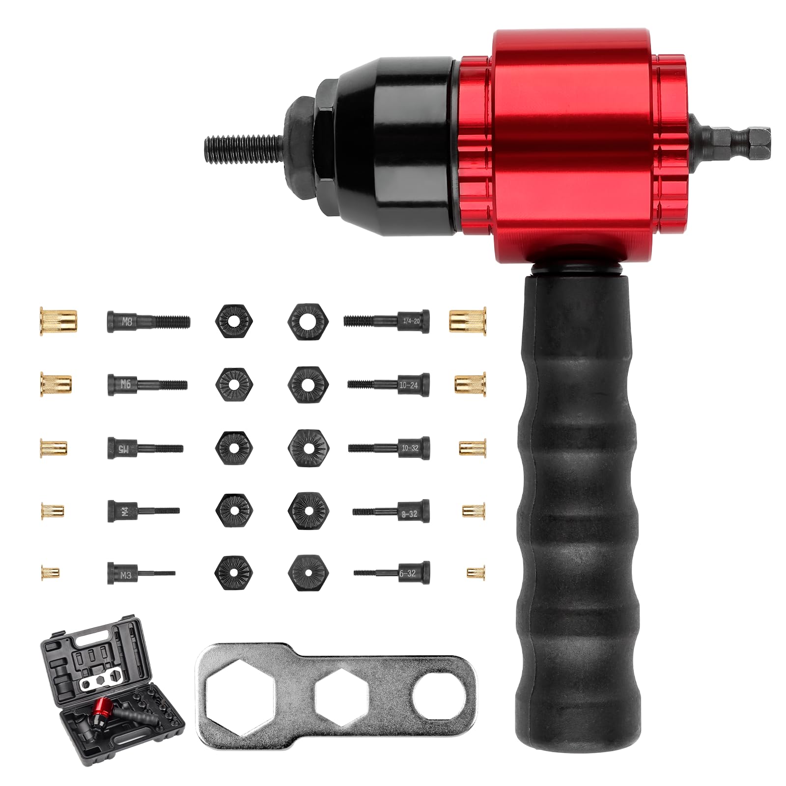 YUZES Adattatore per Rivetti per Trapano Elettrico Senza Fili, Kit di Pistola per Rivetti con 5 Mandrini metrici e 5 SAE e 50 Dadi Assortiti per Rivetti, Robusta Custodia per Il Trasporto