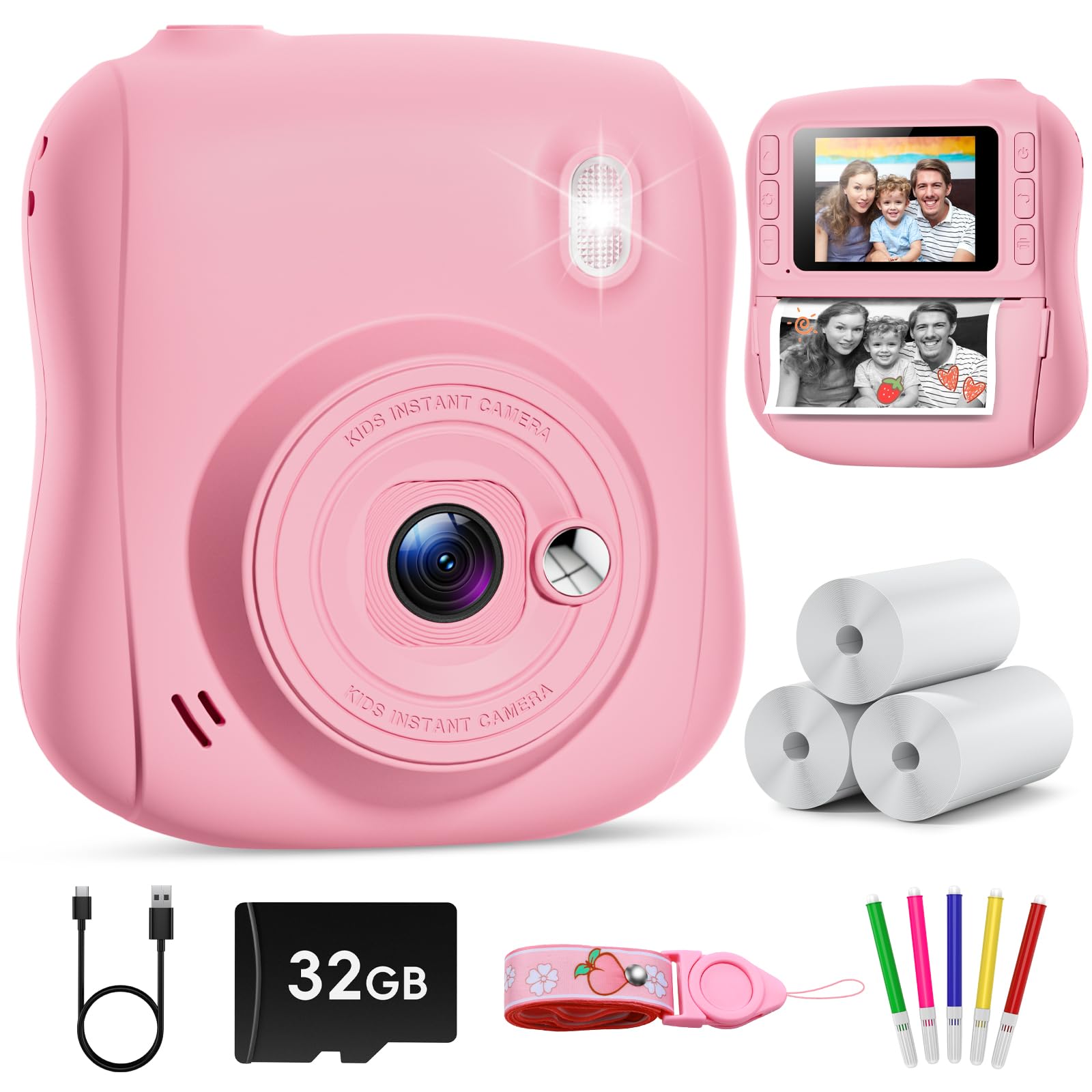 Hangrui Macchina Fotografica Bambini Istantanea 2.0" 1080P, Rosa