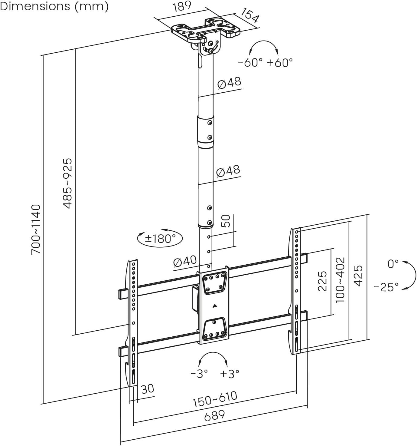 Maclean Supporto a Soffitto TV 43-86″, Nero - immagine 6