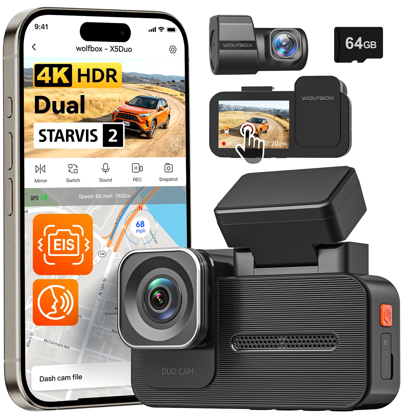 Wolfbox X5 Duo Dashcam Auto 4K + 2.5K con anti shake