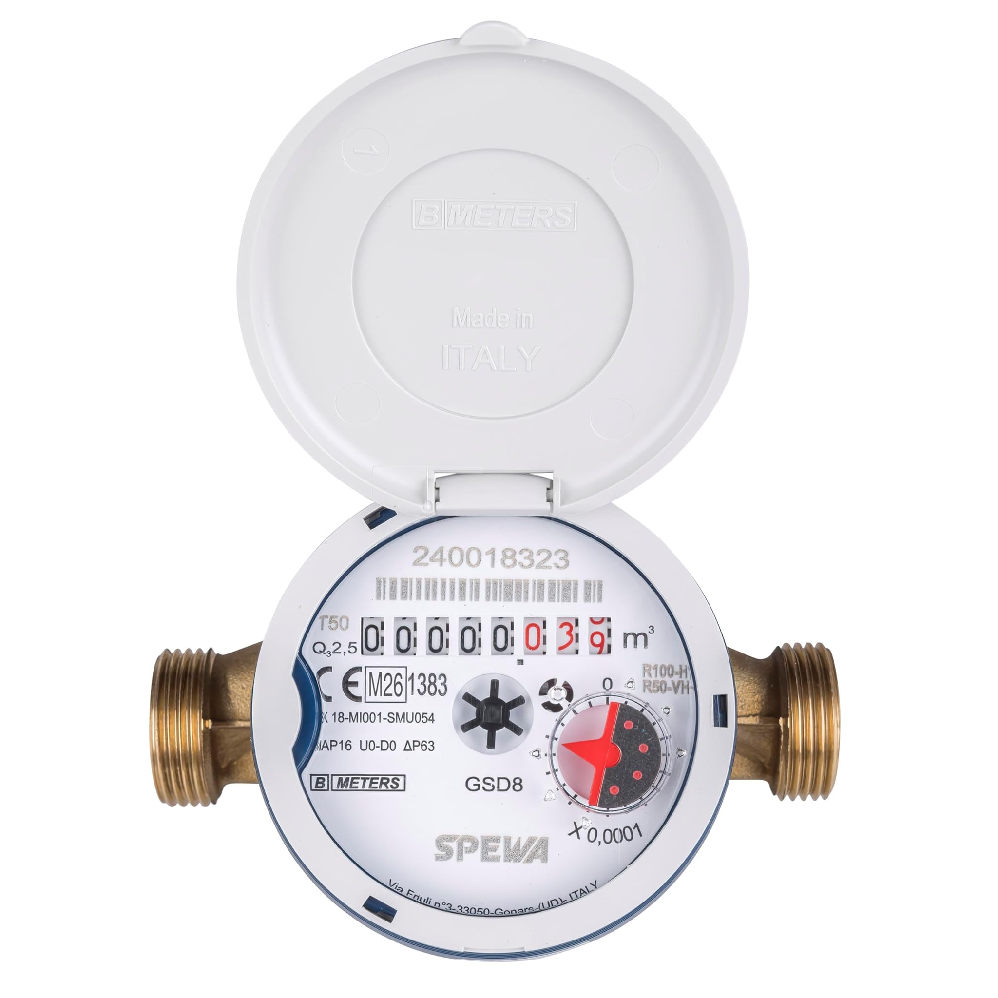 Contatore dell' acqua antigelo calibrato con coperchio di protezione UV.