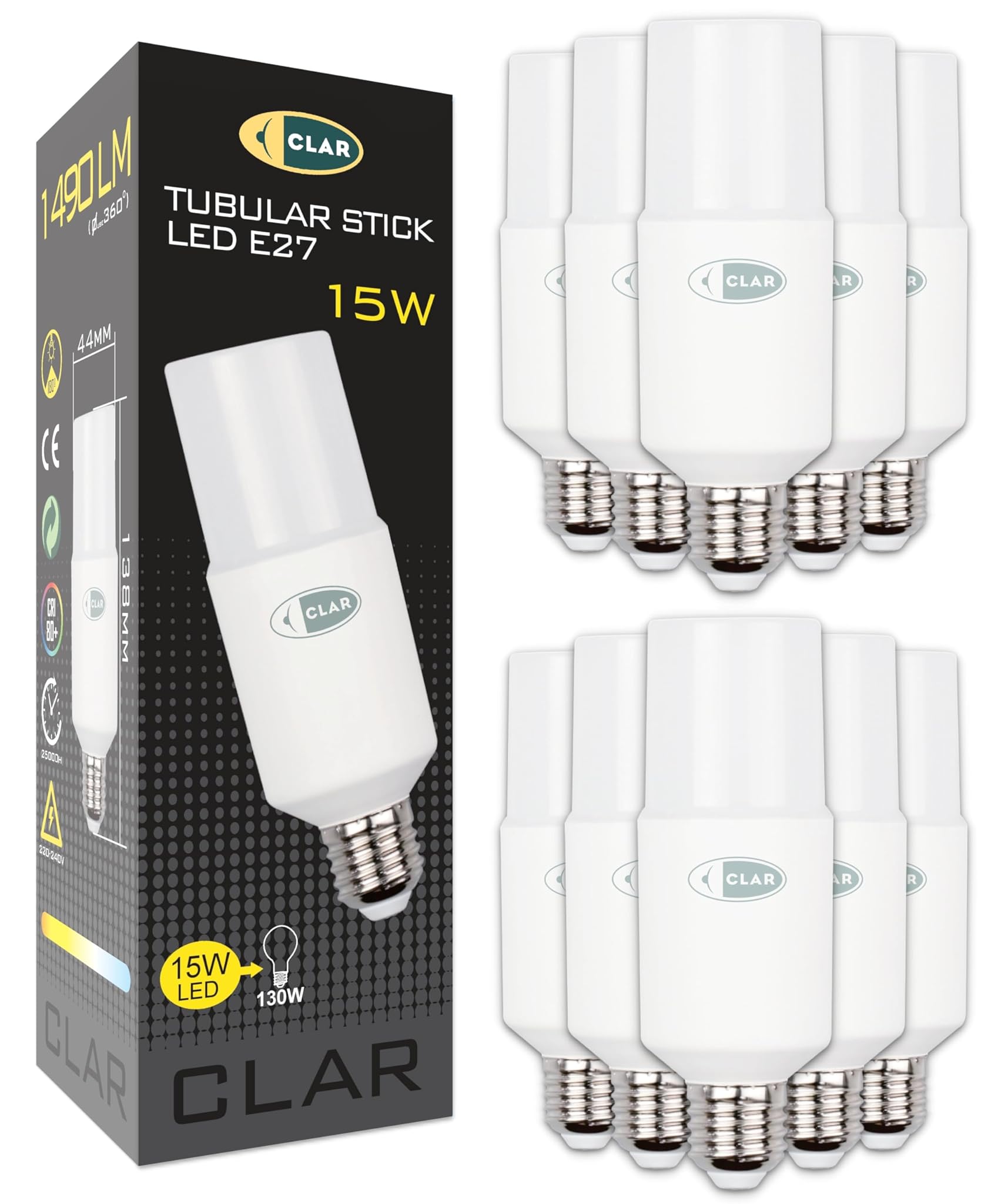 Clar Lampadine LED E27 Luce Naturale 4000K 15W, Pack 10