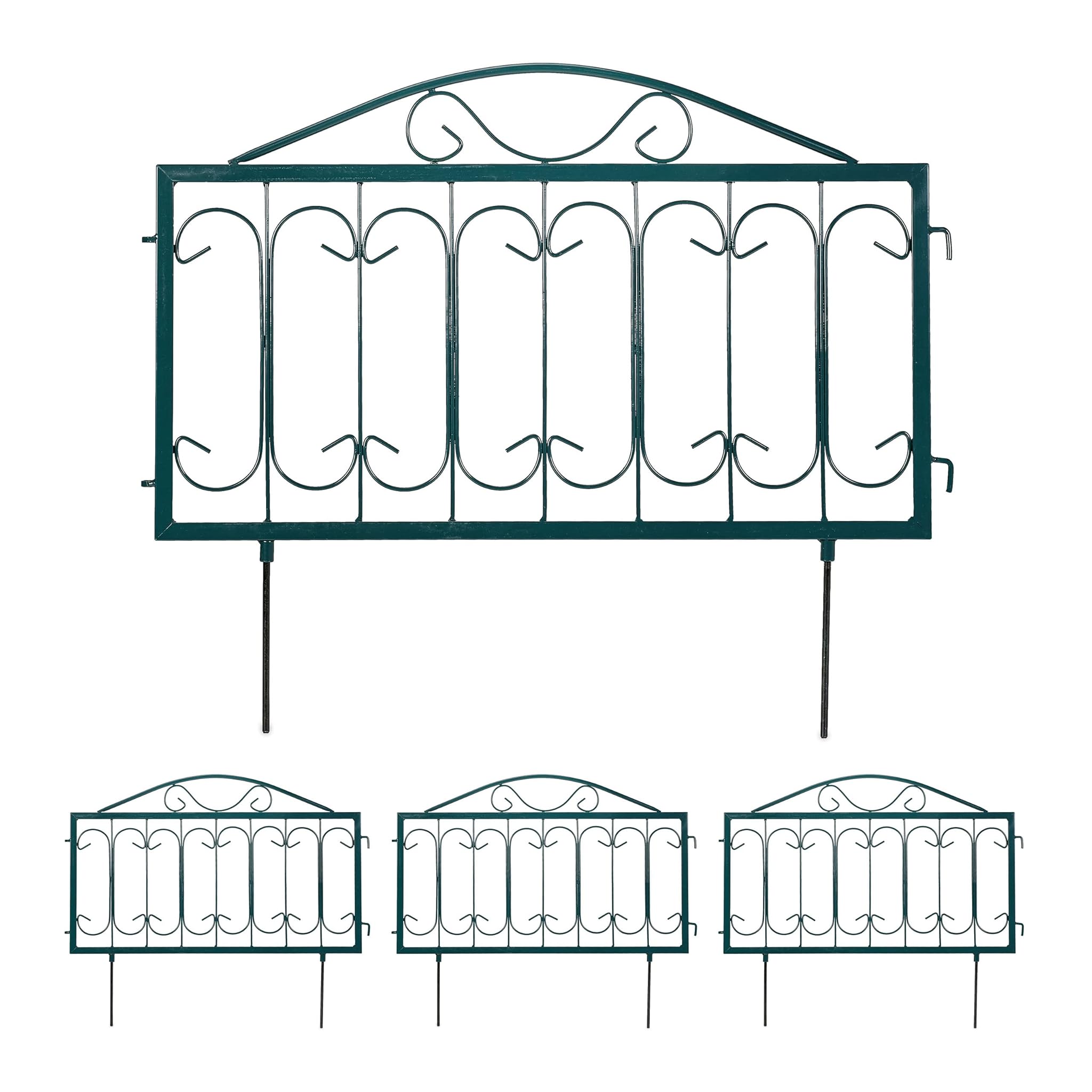 Relaxdays Recinzione per Aiuole, Set 4 Pannelli per Cortile e Giardino, Bordure Vintage, Ferro, HL 46x57 cm, Verde Scuro